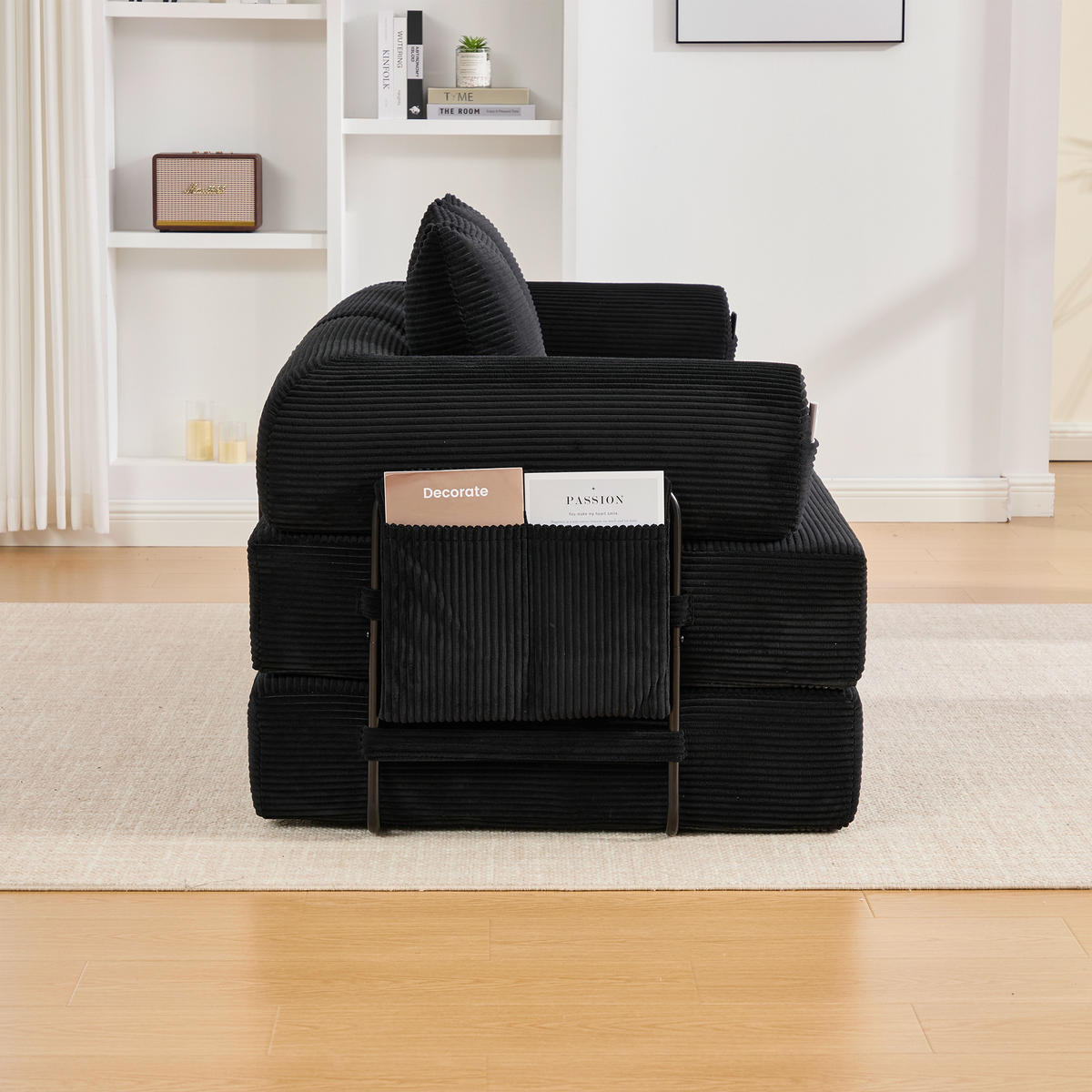 SCHLAFSOFA 3-Sitzer Corduroy Schwarz modular mit Seitentaschen und 3 Kissen, kompressionsverpackt - Schwarz, Textil (94/7/200cm) - Luhomfu