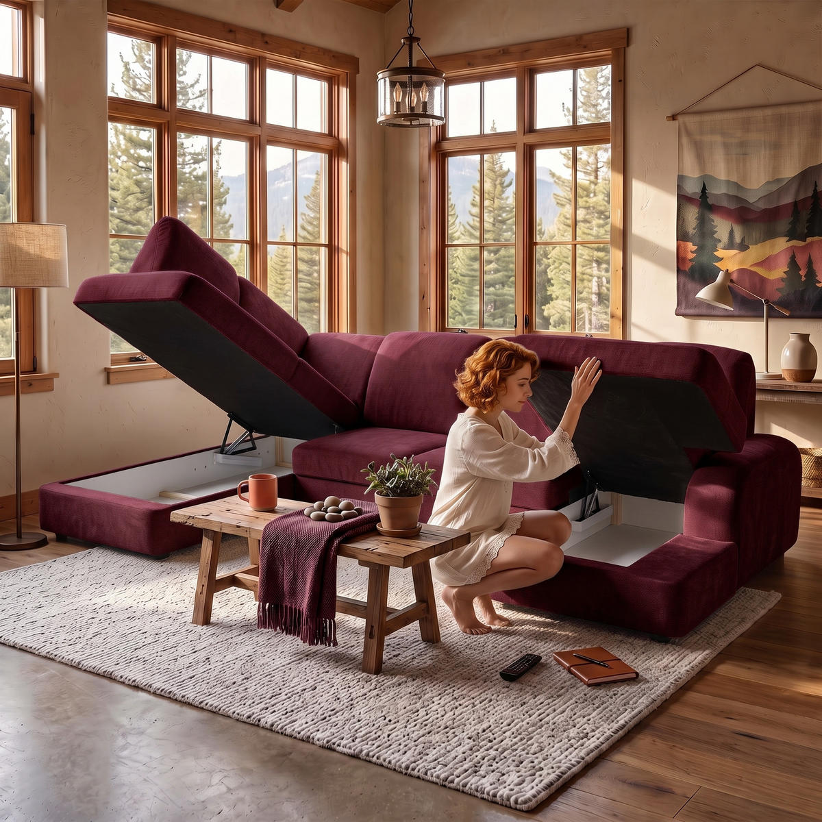 ECKSOFA VIBE U Links mit Schlaffunktion 129x263 Chenille Bordeaux - Bordeaux/Schwarz, Holz/Kunststoff (280/102/186cm) - Muffo
