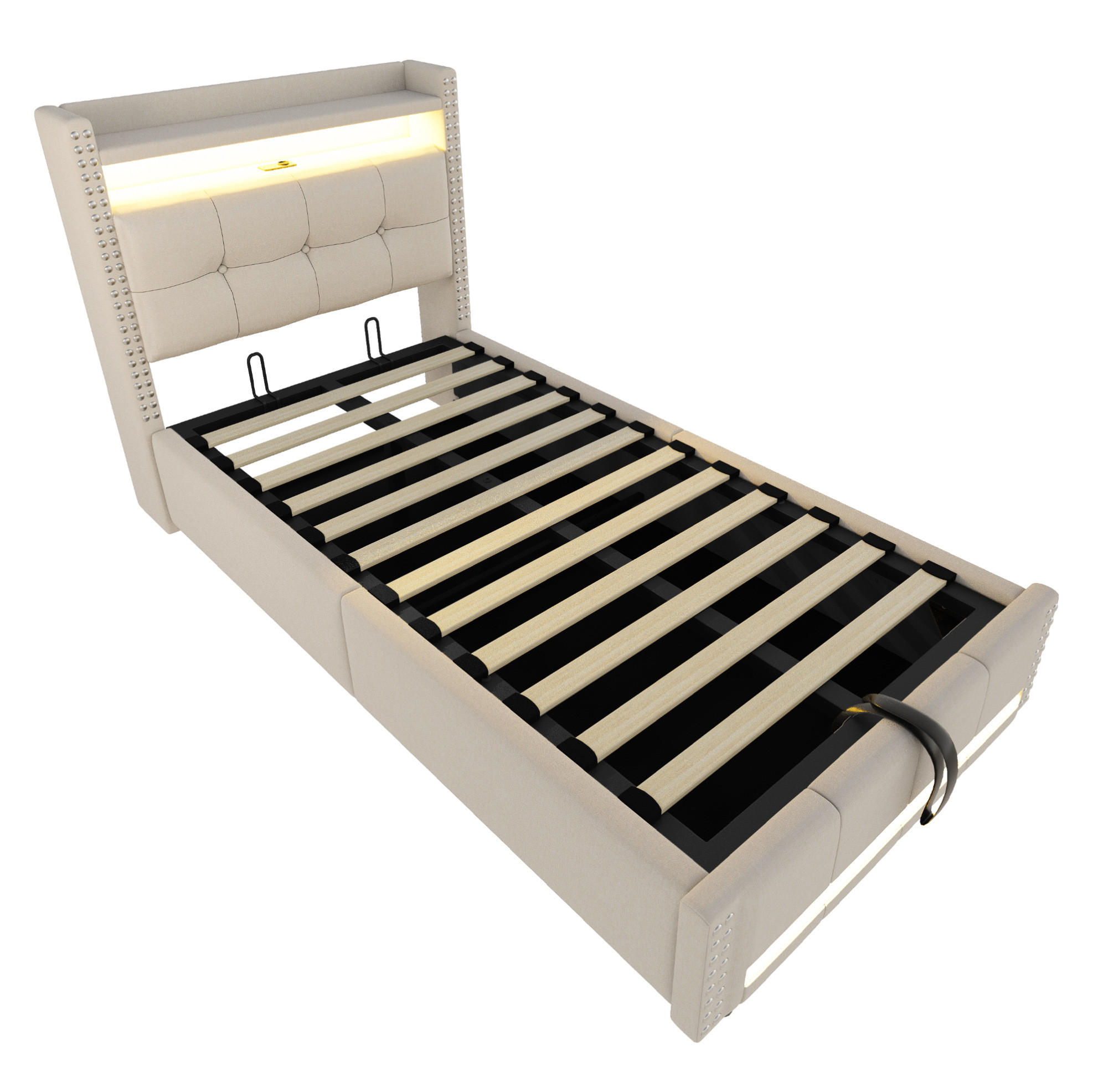 POLSTERBETT aus Leinenstoff 90x200 cm in Beige mit LED, USB & Stauraum - Beige, Textil (90/200cm) - Modfu