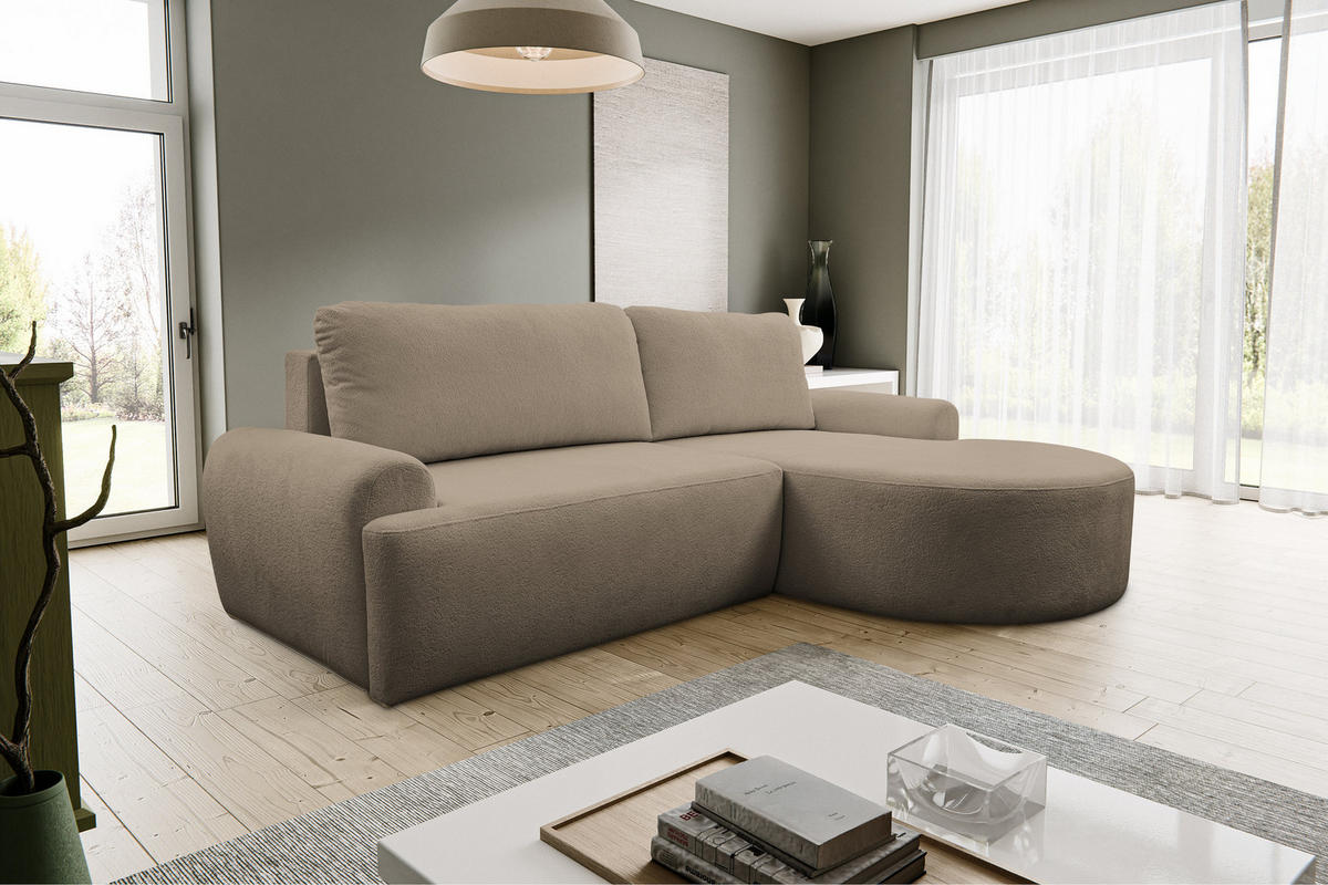 ECKSOFA Dream in L-Form mit Schlaffunktion und Bettkasten, Farbe: Braun, Bouclé-Stoff, Ottomane Rechts - Braun, Textil (260/136cm) - VENASI MÖBEL