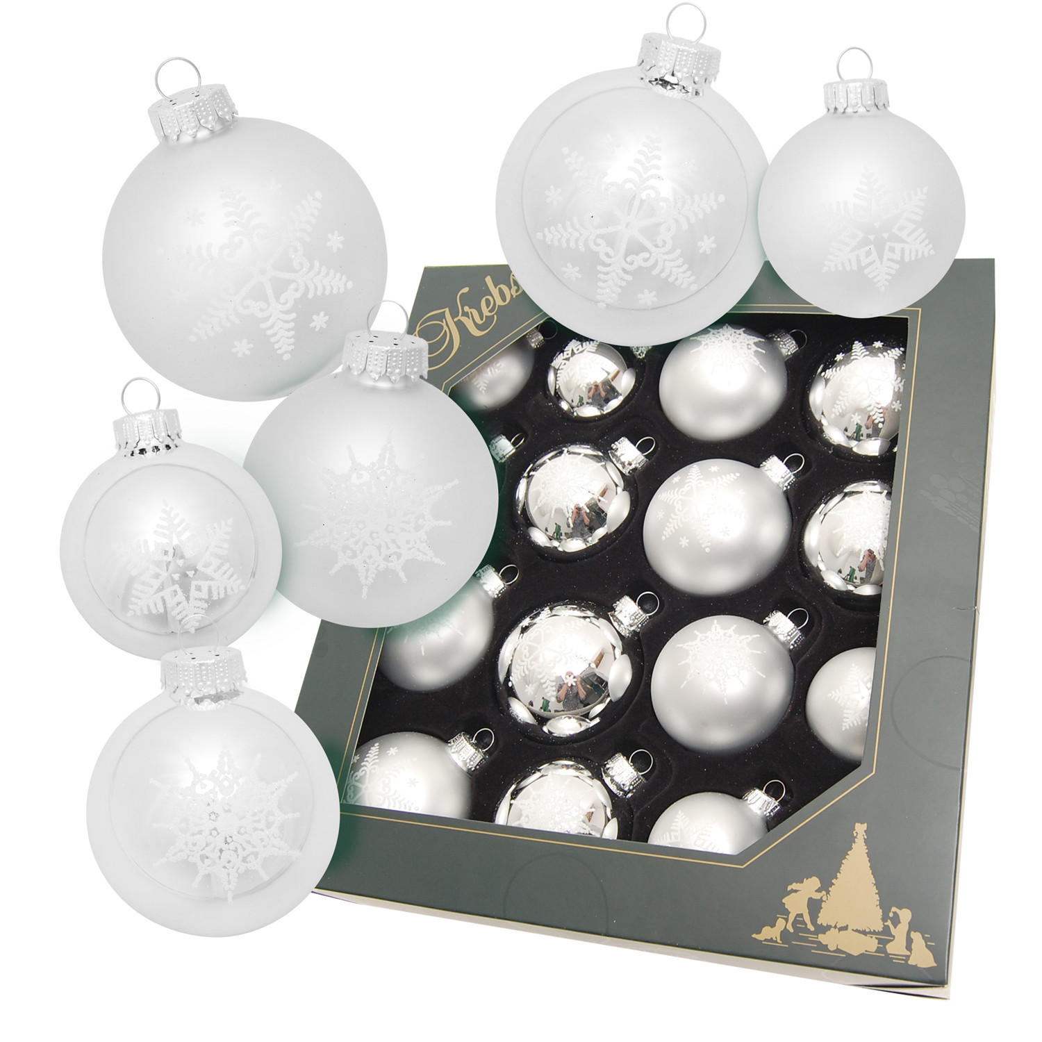 CHRISTBAUMKUGELN Sortiment Schneeflocke Silberfarbig 8cm (Glas / 16 Stk.) - Silberfarben, Glas (6/8/5cm) - Krebs Glas Lauscha