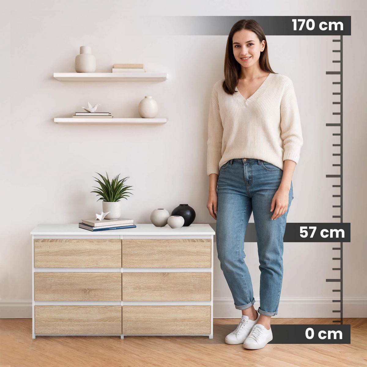 KOMMODE Weiß, Sonoma Eiche 35x100x57 cm - Weiß/Sonoma Eiche, Holzwerkstoff (100/57/35cm) - Akord