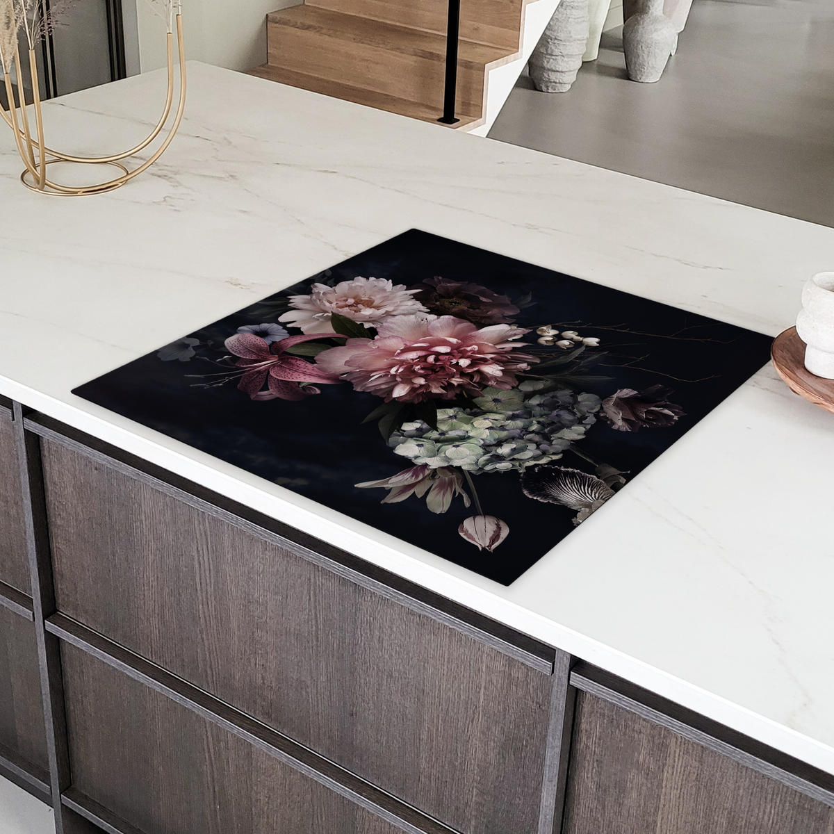 HERDABDECKPLATTE Blumen - Vintage - Pastell - Rosa - Weiß 78x78 cm - Altrosa, Kunststoff (78/0.2/78cm) - MuchoWow
