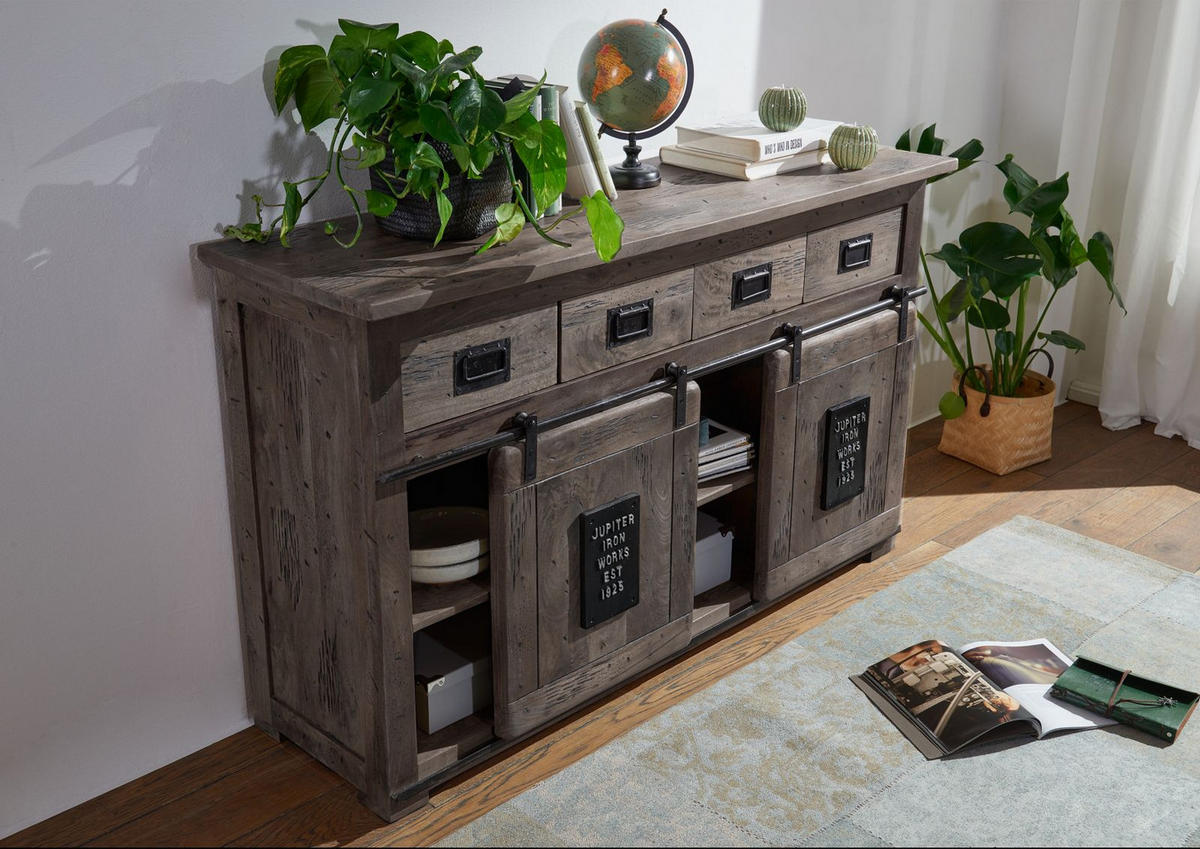 SIDEBOARD Mango 150x45x90 grau lackiert RAILWAY #220 - Grau, Holz (150/90/45cm) - Massivmoebel24