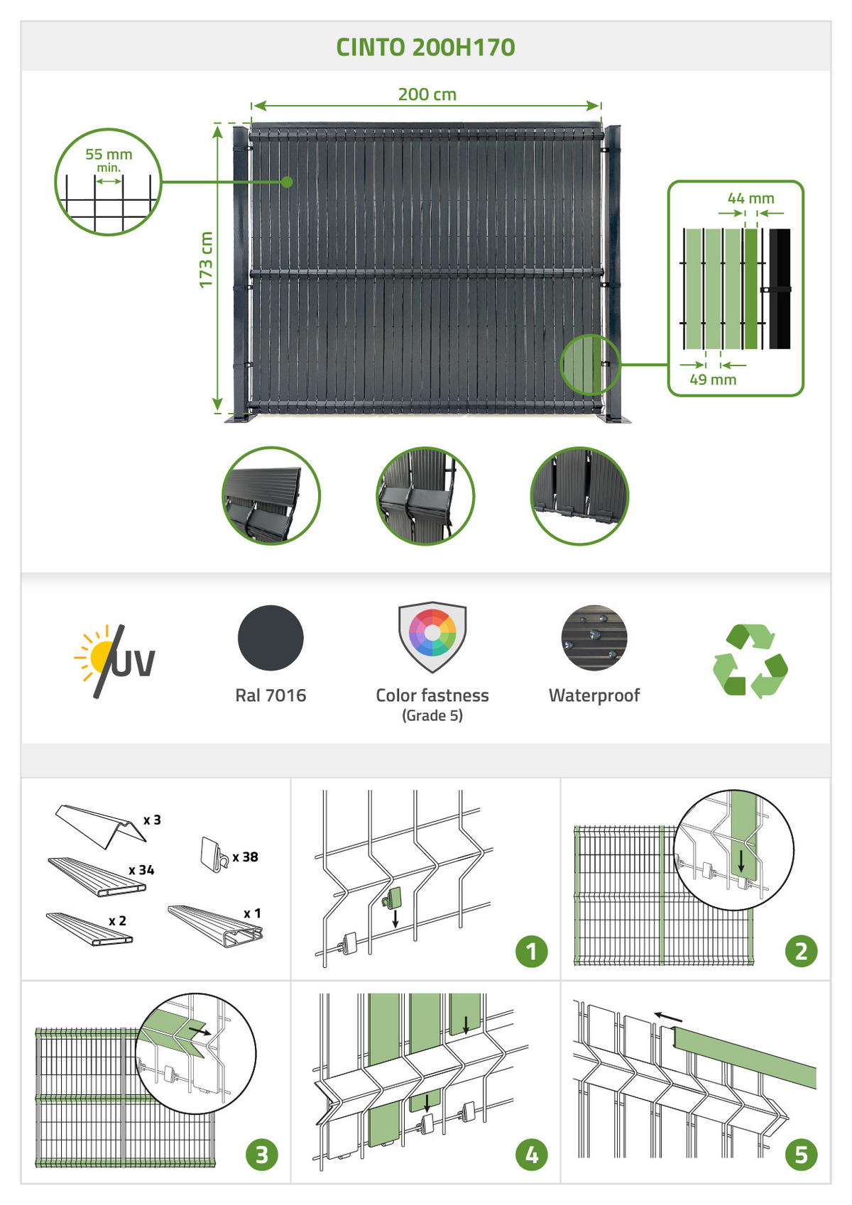PVC-SICHTSCHUTZLAMELLEN-STEIF-SET Cinto grau 2m H.170cm - Mit clips und Endprofil - Grau, Kunststoff (200/173cm) - Casanoov