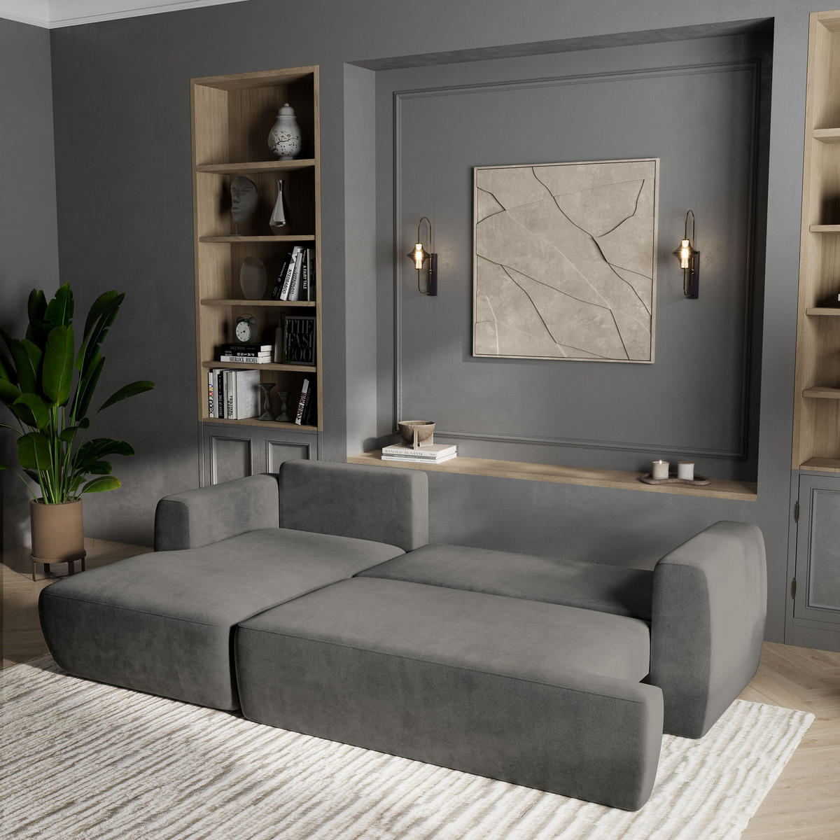 ECKSOFA SENTI K L-S Grau Plüsch-Stoff mit Schlaffunktion - Grau, Holz (246/148cm) - MASSENO