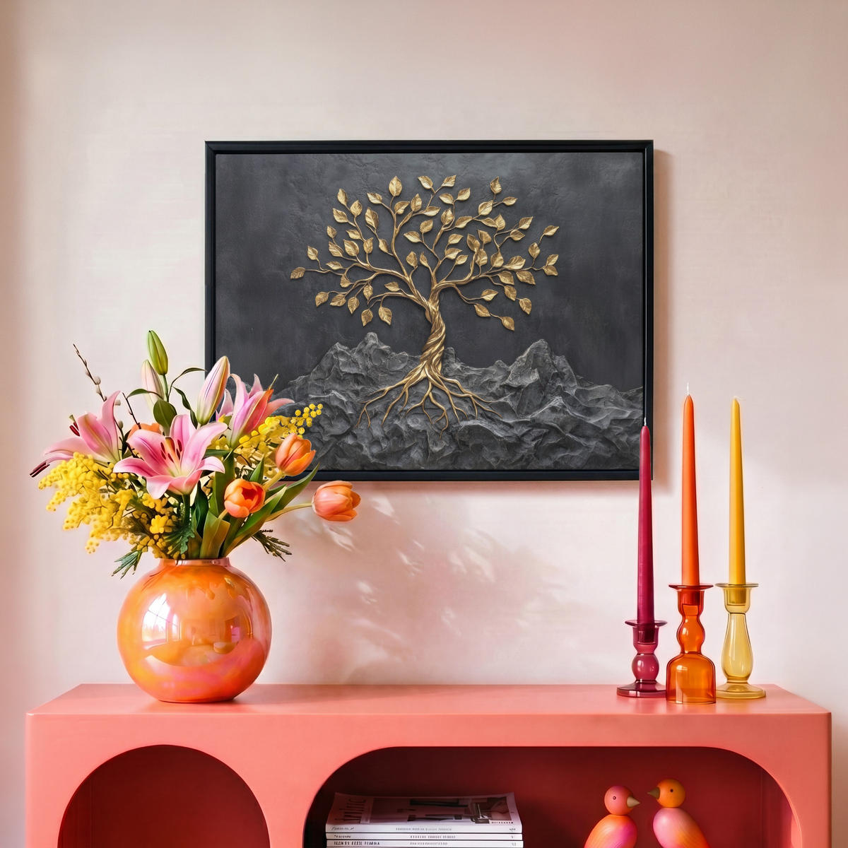 LEINWAND Bilder mit Rahmen - Blätter - Gold - Baum - Fels - 40x30 - Schwarz, Textil (40/30cm) - MuchoWow