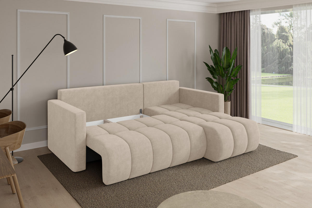 ROHOVÁ SEDAČKA s funkcí spaní, otoman vpravo GARD-L 226x146x85 béžová velur - černá/Sahara, kompozitní dřevo/textil (226/146cm) - ALTDECOR