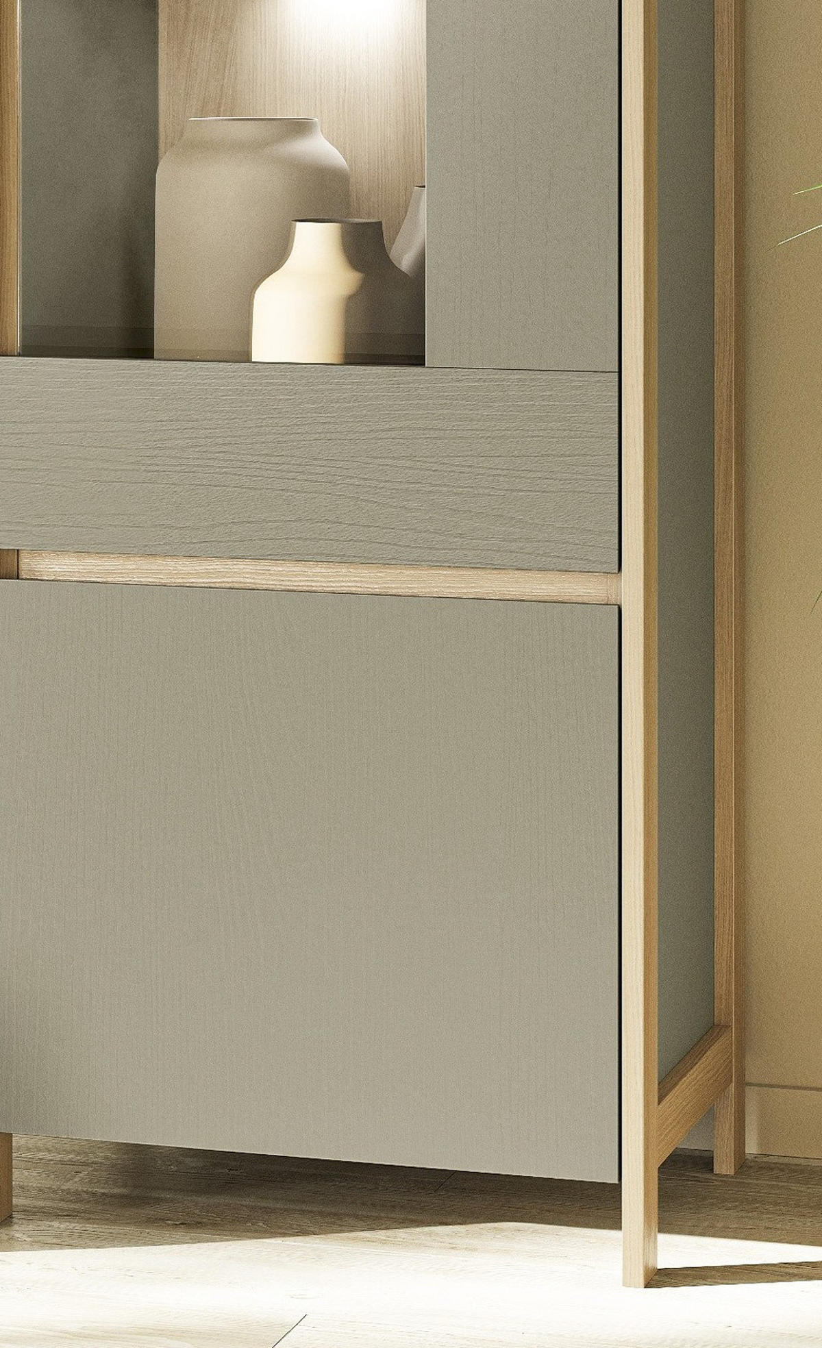 WOHNWAND Salbei grün, Eiche, Wohnkombination skandinavisch 4-teilig 339 cm, Soft-Close - Salbeigrün/Eichefarben, Glas/Holzwerkstoff (339/195/39cm) - Furn.Design