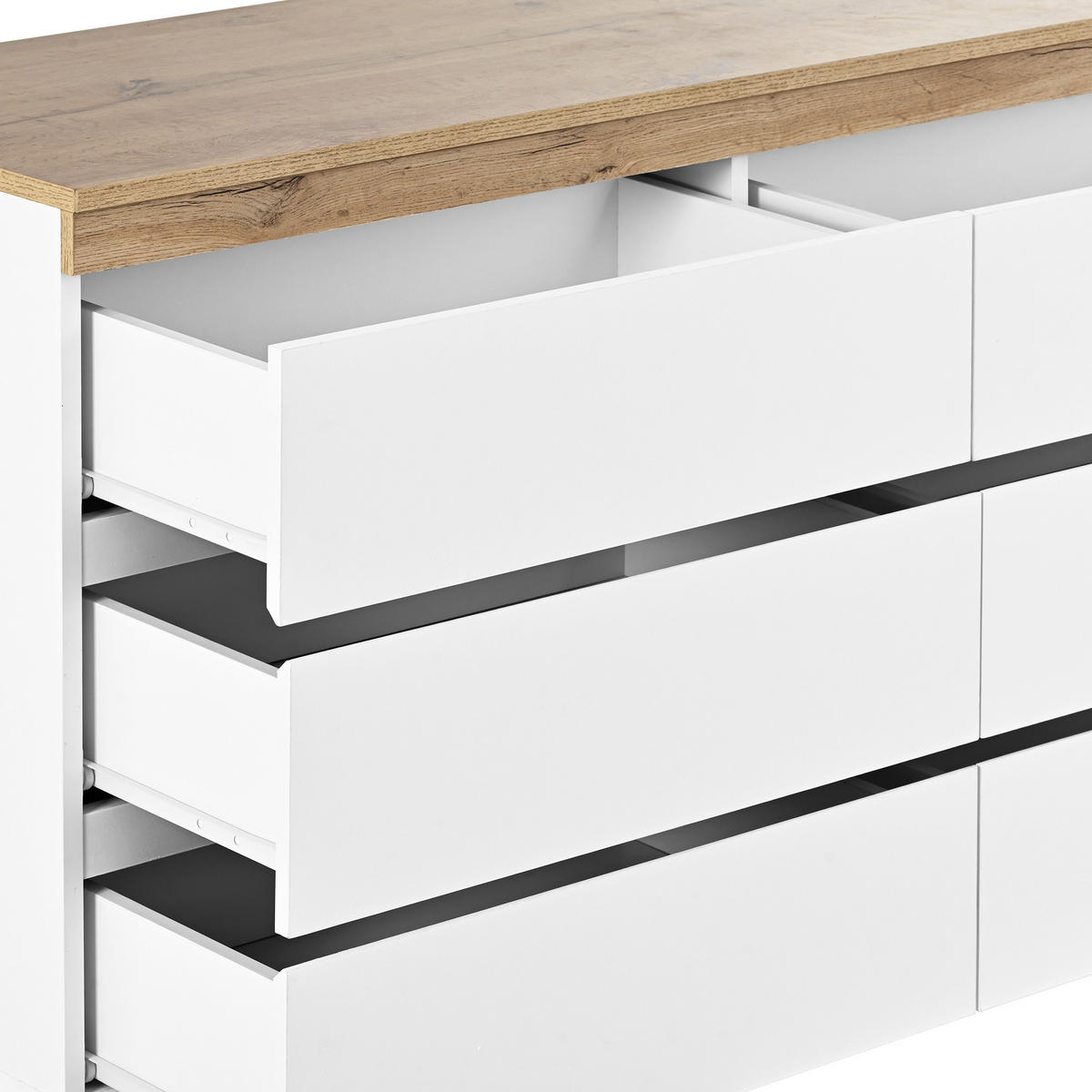 SIDEBOARD in Weiß und Eiche Kommode mit 6 Schubladen und Schließfach für Schlafzimmer und Wohnzimmer, B110/T40/H67.5cm - Eichefarben/Weiß, Holzwerkstoff/Metall (110/67.5/40cm) - STILVORA