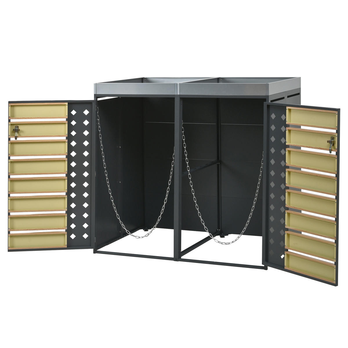 MÜLLTONNENBOX Mit Pflanzkasten 2 Fächern Abschließbar Holzoptik Belüftet Verzinkter Stahl - Grau, Metall (132/124/80cm) - PARAFTA HOME