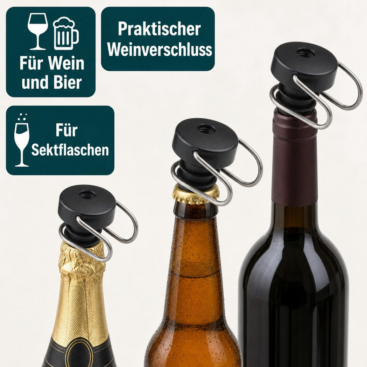 FLASCHENVERSCHLUSS Tip Top Universal - Weinverschluss & Bierverschluss | Wiederverschließbar - Schwarz, Kunststoff (6/6/6cm) - ich-zapfe