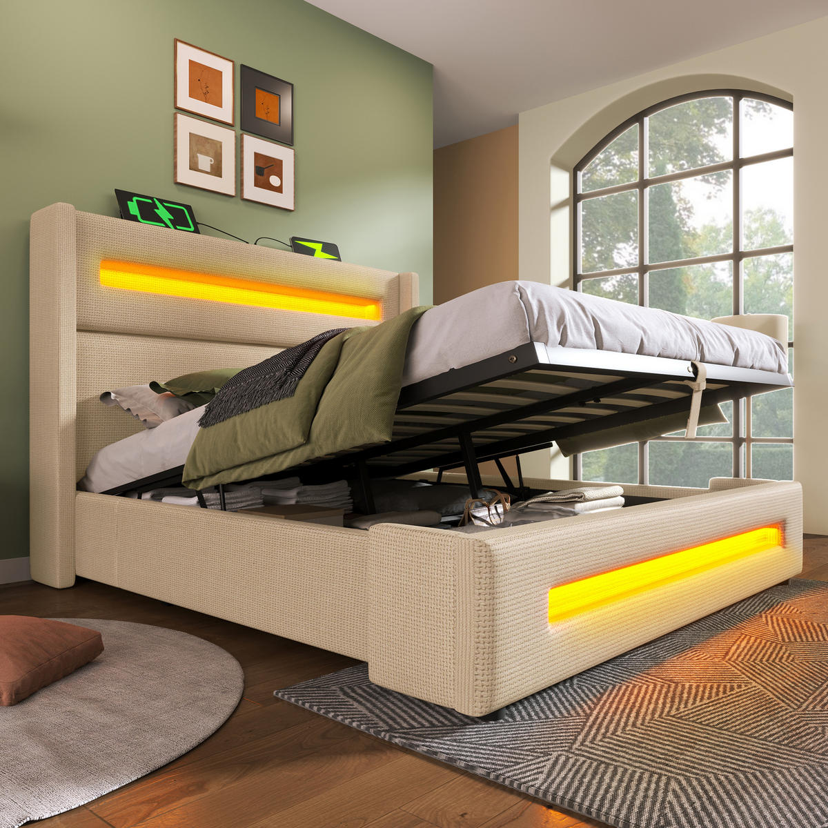 POLSTERBETT 140/200 cm Beige mit LED und Stauraum-Funktion Mit Matratze - Beige, Textil (140/200cm) - OKWISH