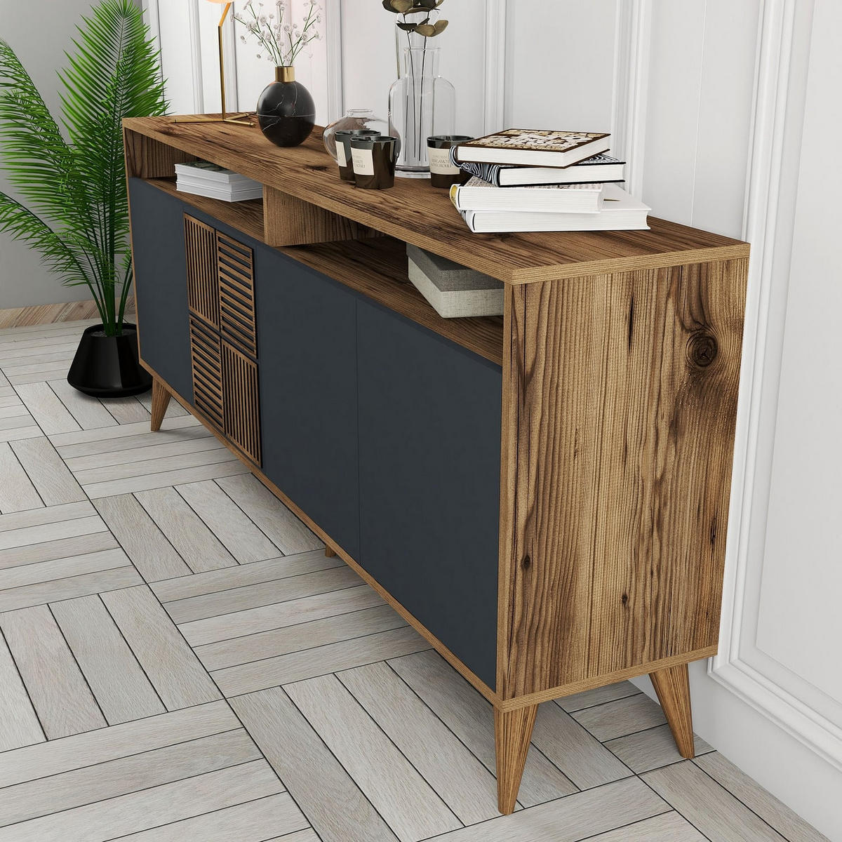 SIDEBOARD 4 Türen L180 cm - Milan - Wildeiche/Anthrazit, Holzwerkstoff (35/78.6/180cm) - Calicosy