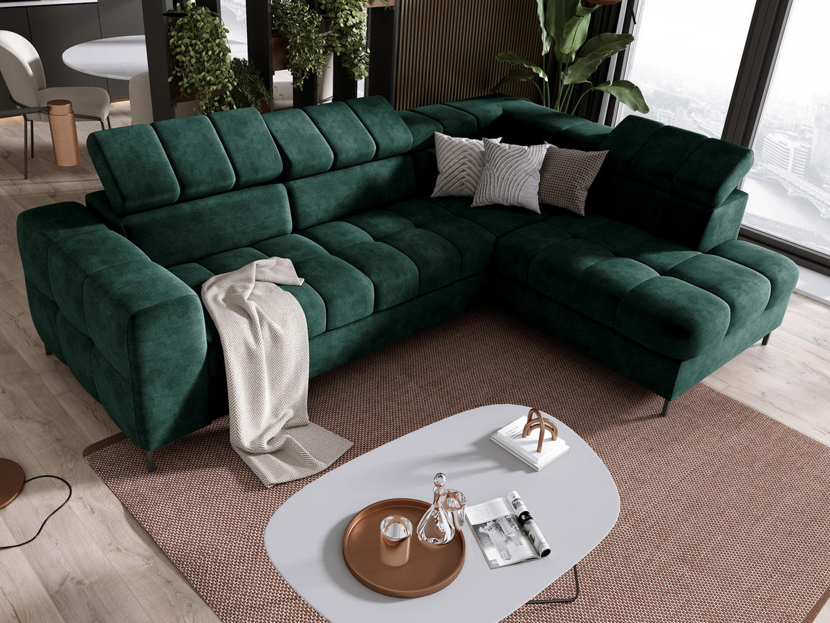 ECKSOFA PABLOS Cloud, L-förmig, Moderne, mit verstellbarem Kopfteil, Schlaf- & Lagermöglichkeiten, freistehend, RECHTS 279x201x97 cm Green - Grün, Holz/Textil (279/201cm) - DomoHome