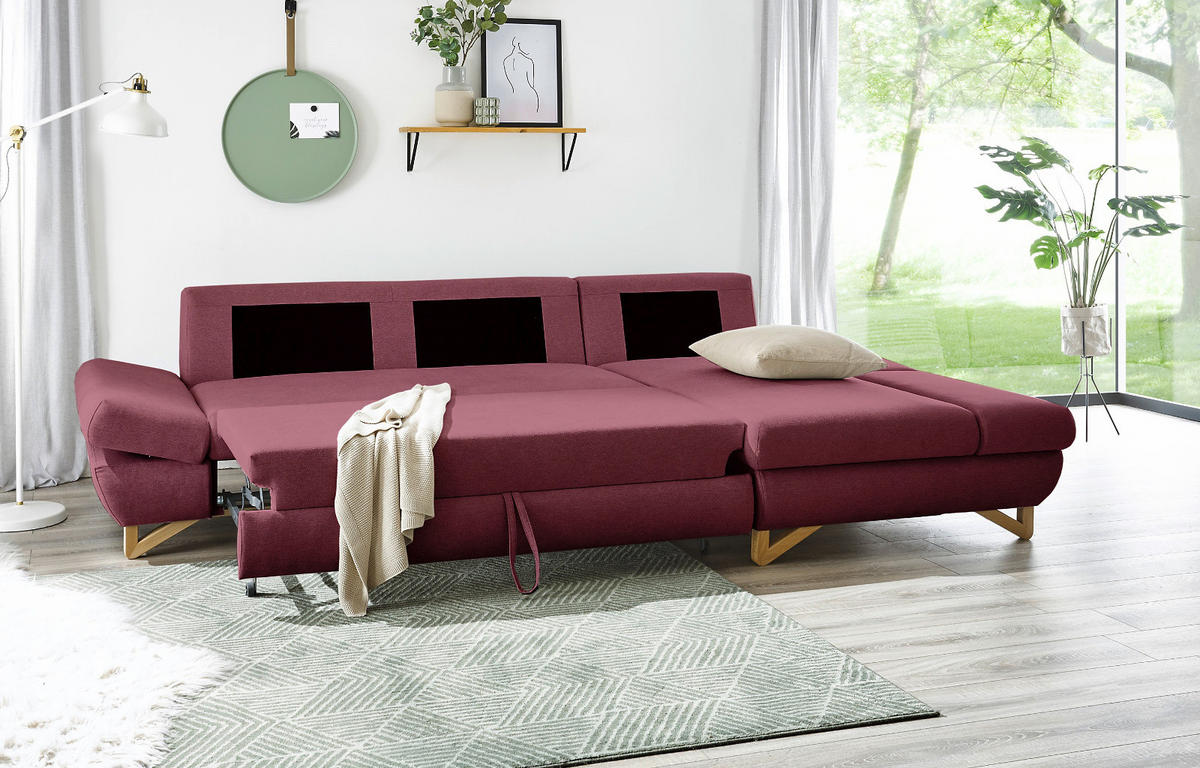 ECKSOFA bordeaux Velours, Sofa mit Bettfunktion und Stauraum 284 cm - Bordeaux, Holz/Textil (284/166cm) - Furn.Design