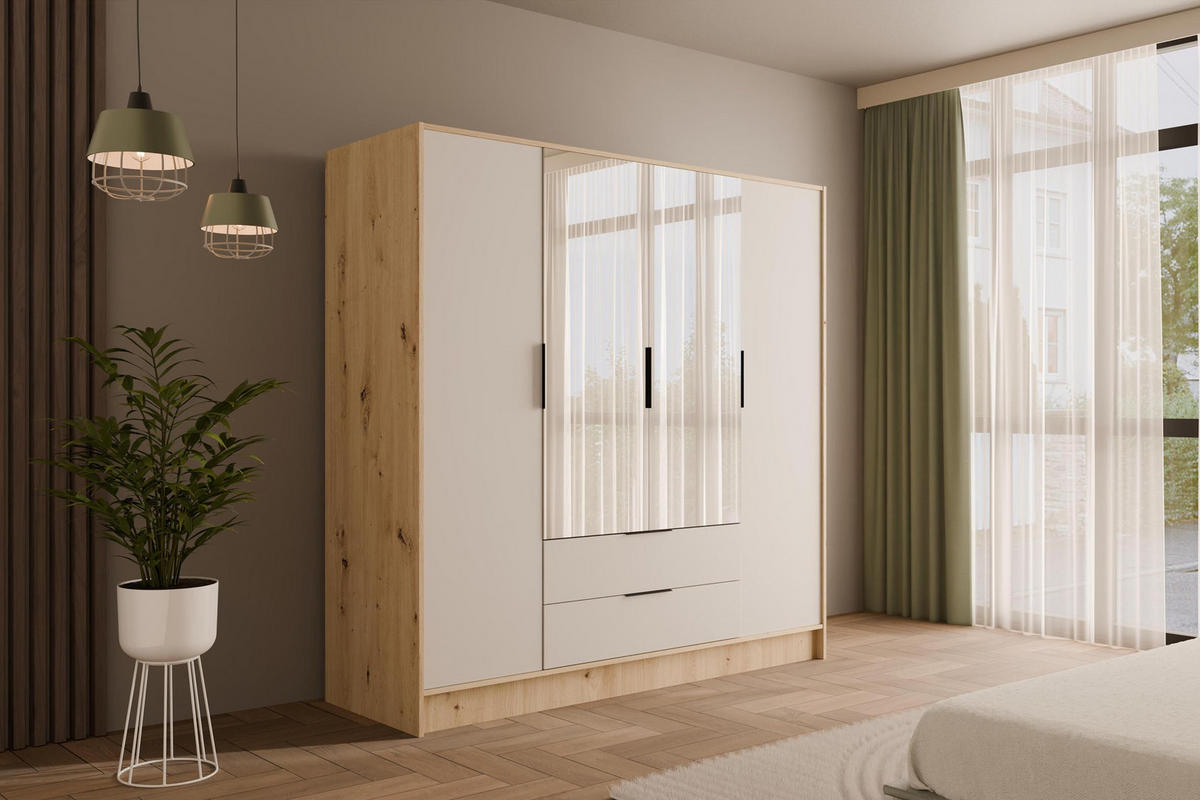 KLEIDERSCHRANK mit Spiegel und Flügeltüren KOLIN 200x200cm Artisan/Weiß - Eiche Artisan/Weiß, Holzwerkstoff (200/200/51cm) - ALTDECOR
