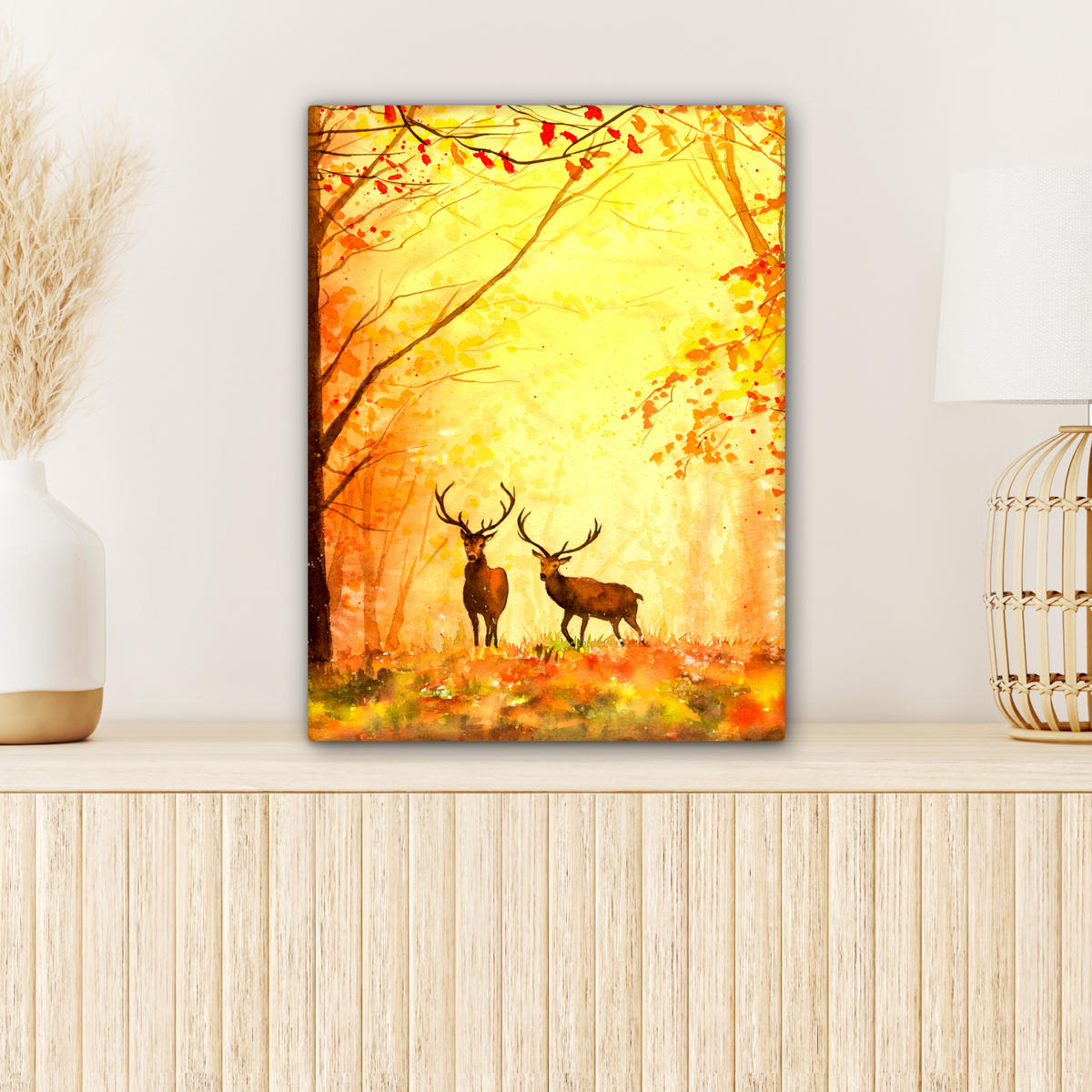 LEINWANDBILD Natur - Ölfarbe - Hirsche - Tiere - Herbst - Orange 30x40 cm - Orange, Textil (30/40cm) - MuchoWow
