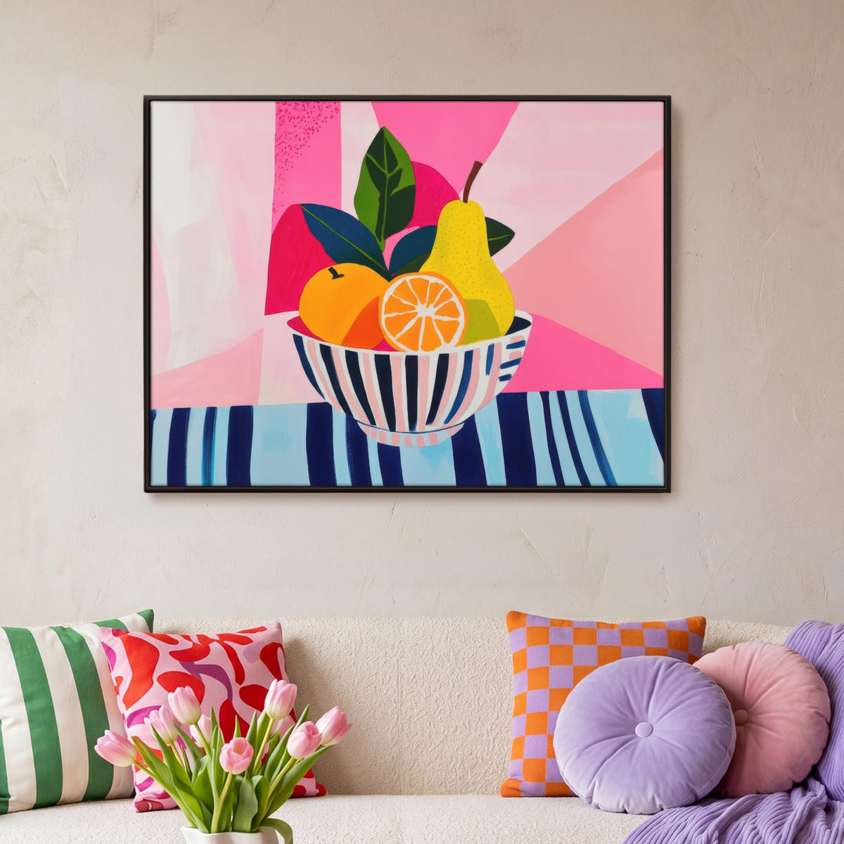 LEINWAND Bilder mit Rahmen - Obst - Abstrakter Hintergrund - Rosa - 100x70 - Pink, Textil (100/70cm) - MuchoWow