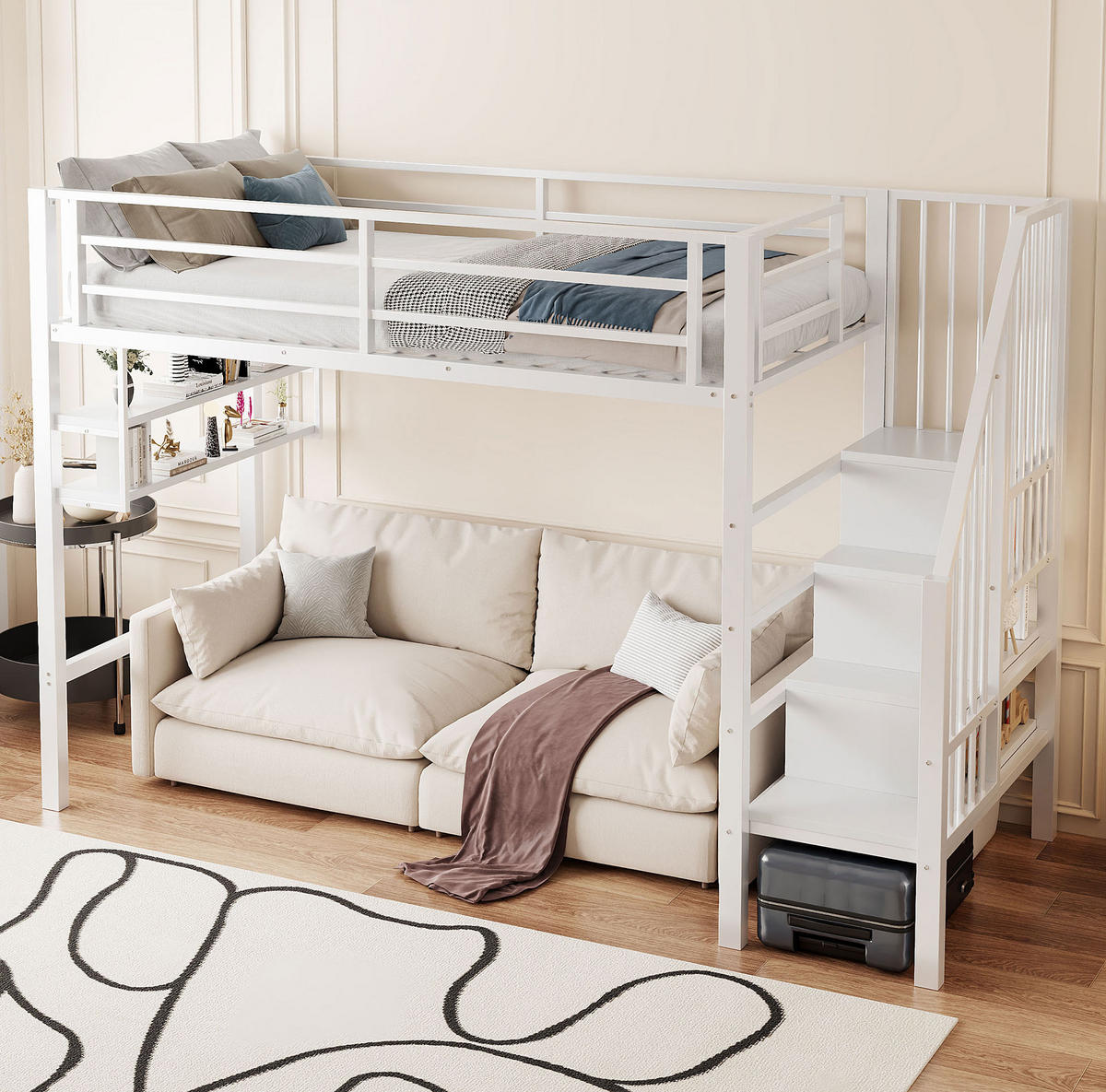 HOCHBETT 90/200 cm in Weiß – mit Stauraumleiter und Regalfächern - Weiß, Metall (90/200cm) - BEAOK