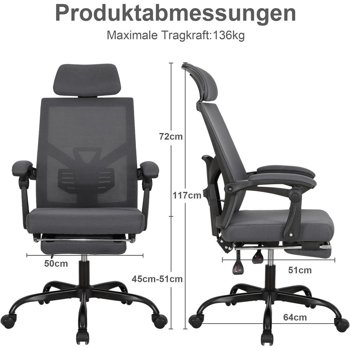 BÜROSTUHL mit Fußstütze Grau - Grau, Textil (64/117/64cm)
