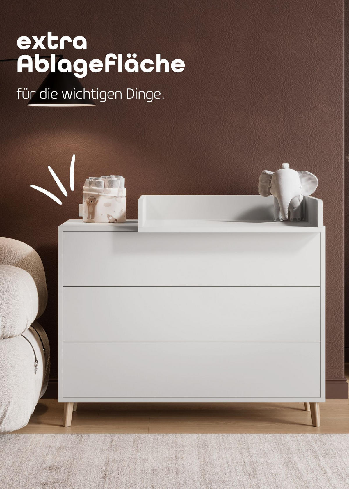 WICKELKOMMODE EDEN – Push-to-Open, Touch-Close, abnehmbarer Wickelaufsatz & Schubladen mit Fächern - weiß - Buchefarben/Weiß, Holzwerkstoff/Buchenholz (71/94/114cm) - Sämann – make a difference.