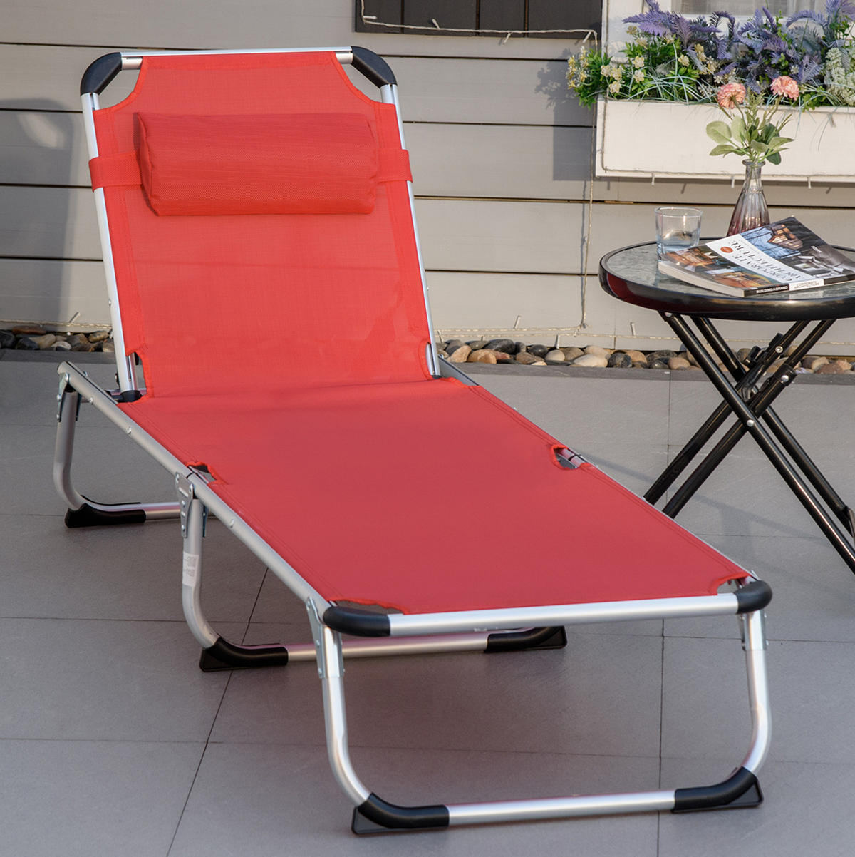 SONNENLIEGE aus Aluminium 165x60x76 cm in Rot mit 4-fach verstellbarer Rückenlehne - Rot, Metall (60/76/165cm) - Modfu