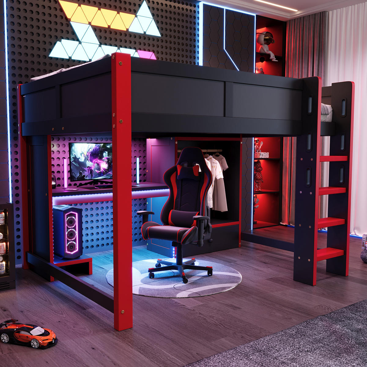 HOCHBETT 140x200 cm Schwarz/Rot mit Schreibtisch, Kleiderschrank und RGB-Beleuchtung - Schwarz, Holz (140/200cm) - IVMEU