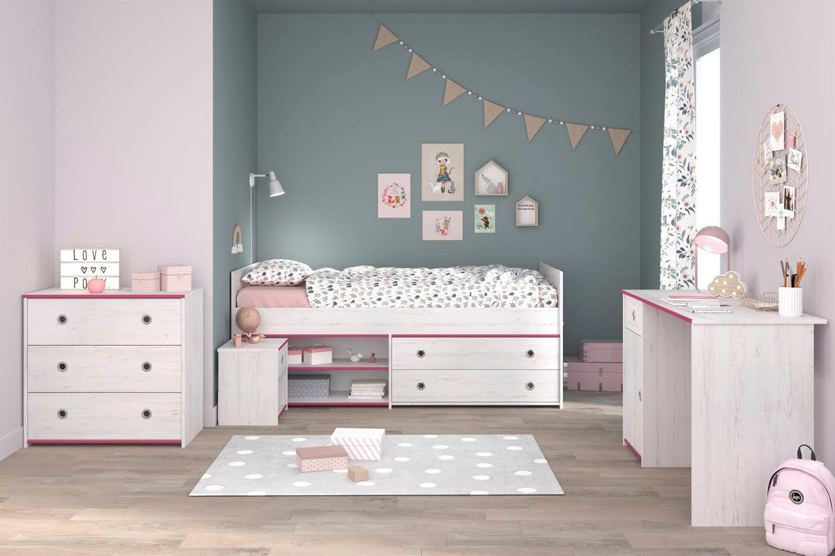 KINDERZIMMER-SET Pabloma 37b 4-tlg. Holznachbildung Kiefer Weiß/Pink - Pink/Weiß, Kunststoff (100/1/200cm) - 58aufmkessel