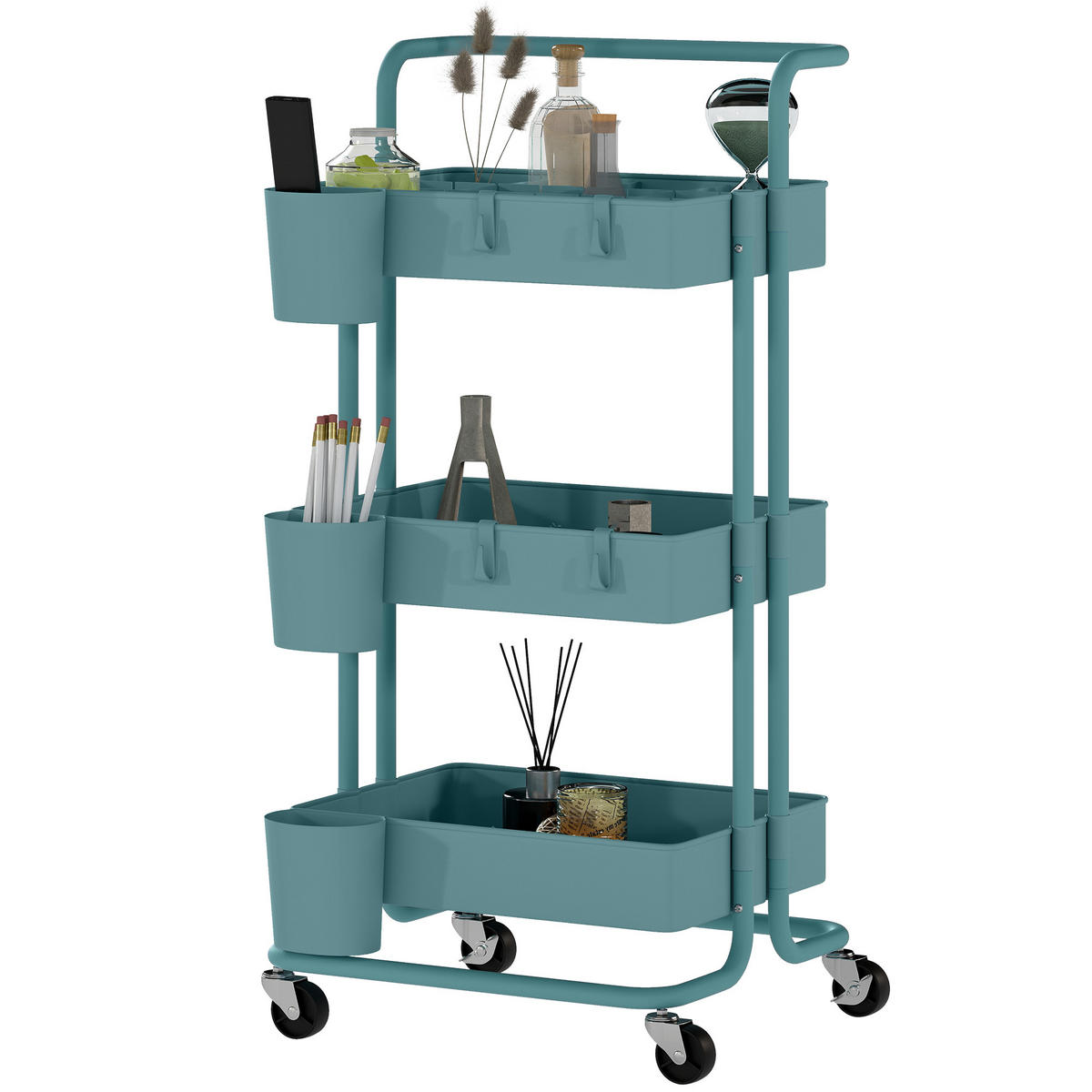 SERVIERWAGEN DE-12544 3 Ebenen mit Haken & Hängeboxen 42/38/86,5 cm Blaugrün - Weiß, Kunststoff (38/86.5/42cm) - ComfortXL