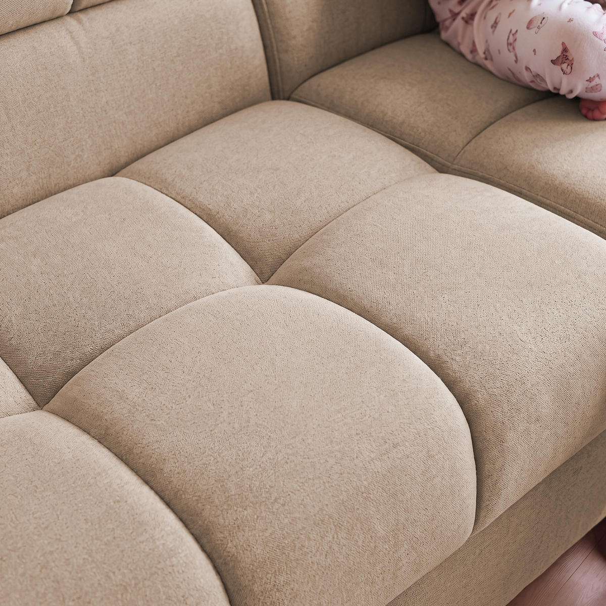 ECKSOFA PUDDING L Links mit Schlaffunktion 125x195 Velours Beige - Beige/Schwarz, Holz/Textil (203/275cm) - Muffo