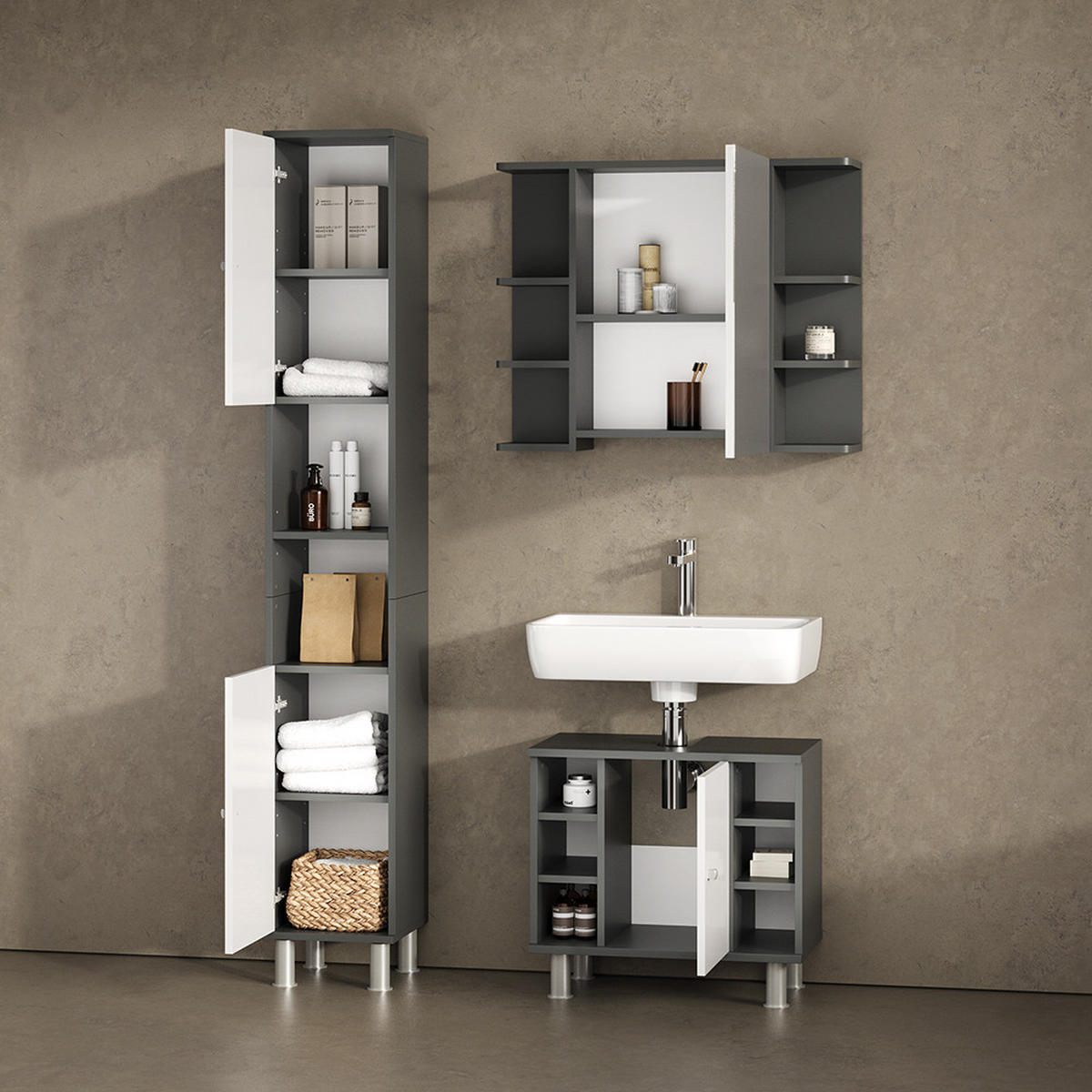 BADSPIEGELSCHRANK Fucino Anthrazit 79.6 x 64 cm - Anthrazit, Holzwerkstoff (79.6/64/21.2cm) - Livinity®