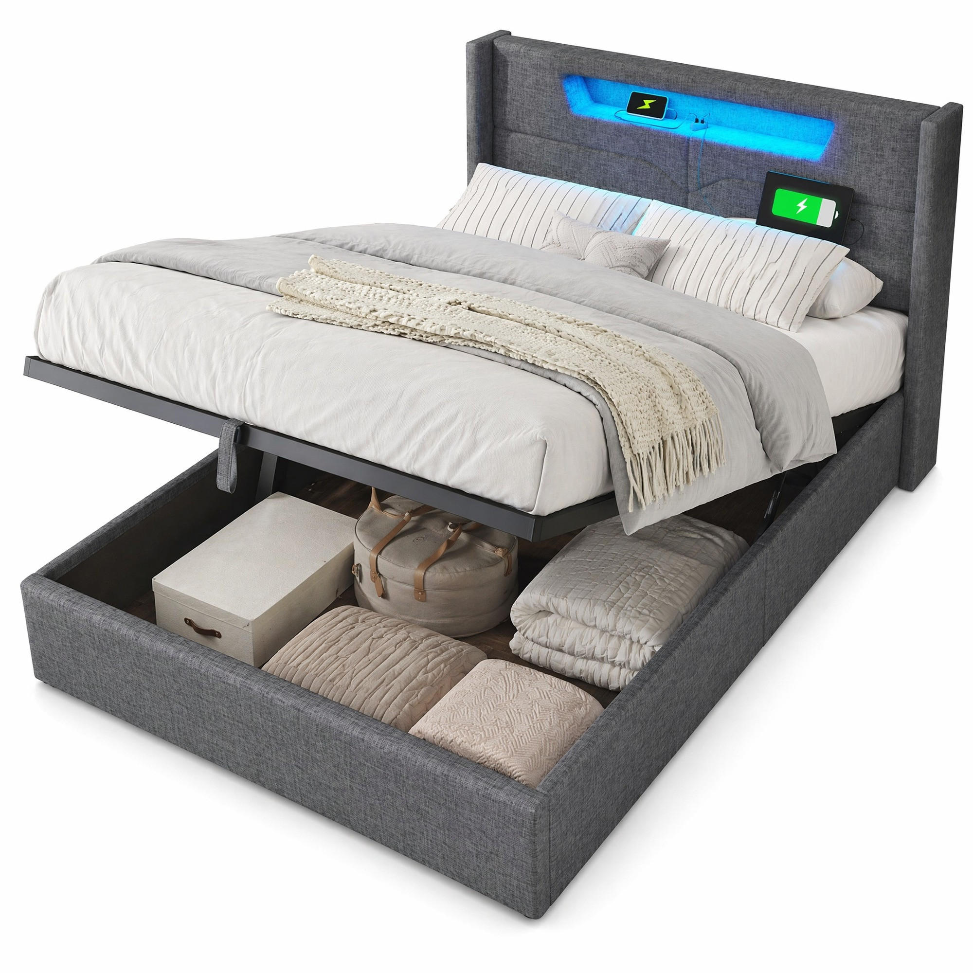 ČALOUNĚNÁ POSTEL 160/200 cm v šedé barvě s úložným prostorem, LED a USB-C - šedá, kov/kompozitní dřevo (160/200cm) - CHICFURN
