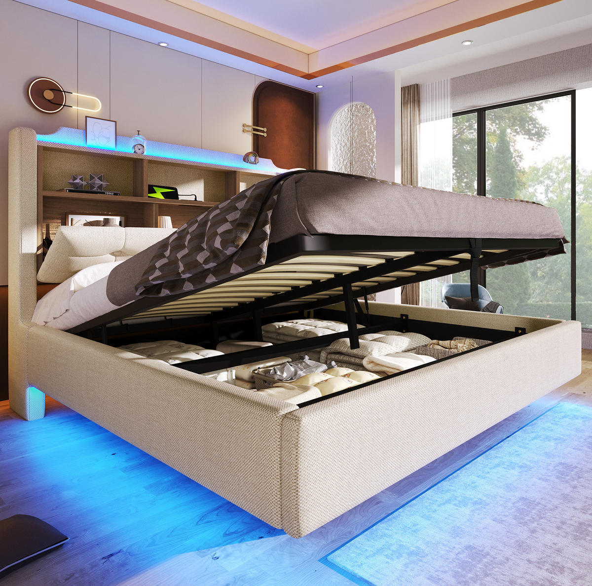 POLSTERBETT 140/200 cm mit LED-Beleuchtung und Bettkasten in Beige - Beige, Textil (140/200cm) - BEAOK