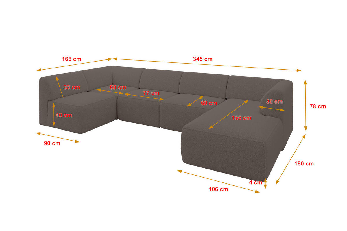 WOHNLANDSCHAFT Ottomane Rechts MOVO-L 345x180x78 cm Braun Bouclé - Braun, Holzwerkstoff/Kunststoff (180/78/345cm) - ALTDECOR