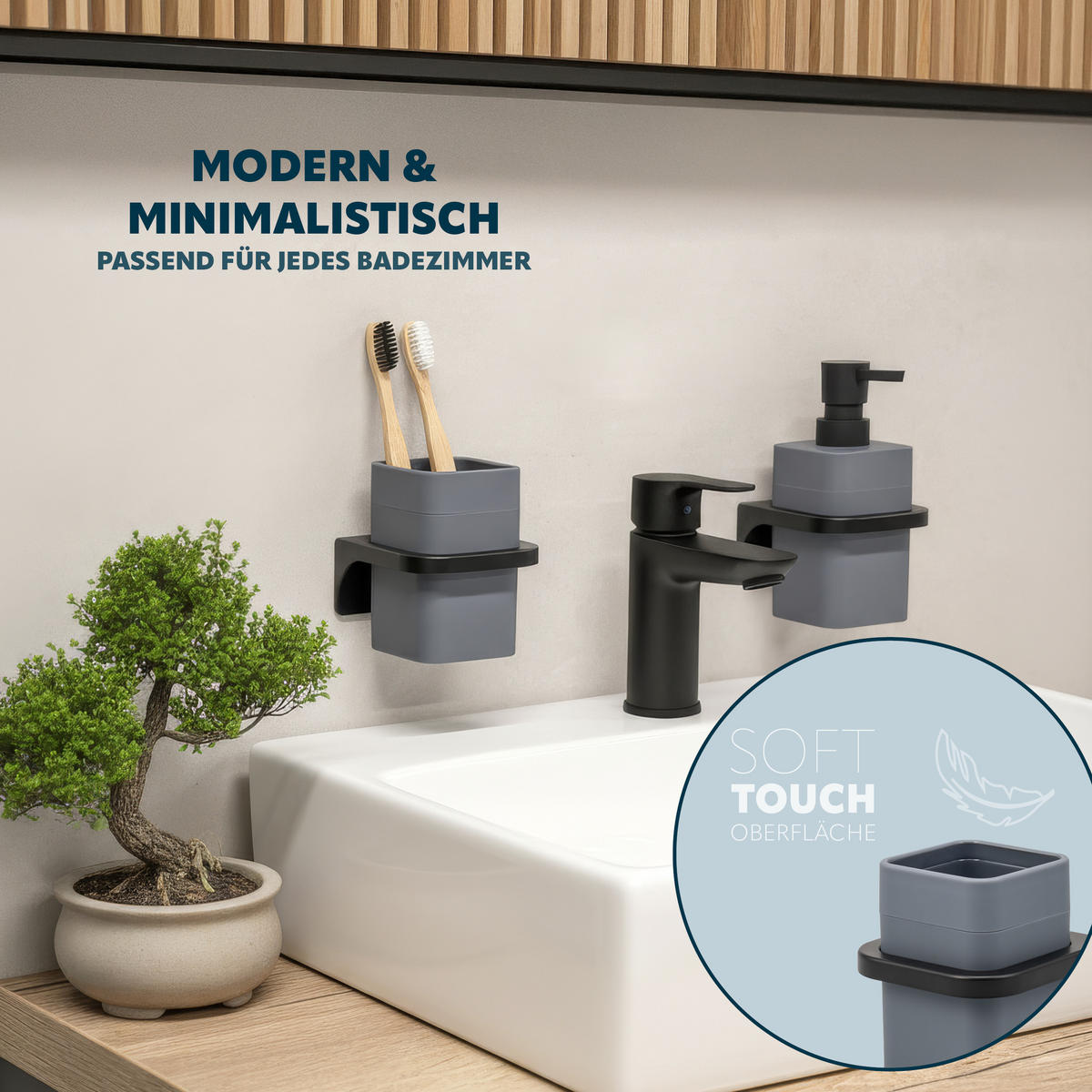 ZAHNPUTZBECHER SAVONA Softtouch, grau, eckig - Grau, Kunststoff (9/10.5/9cm) - bremermann