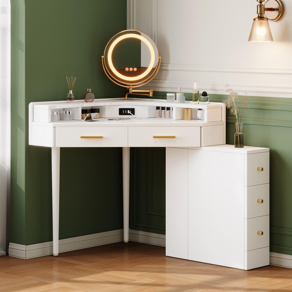 ECK-SCHMINKTISCH Weiß mit drehbarem LED-Spiegel (dimmbar), 5 Schubladen, USB & USB-C, moderner Frisiertisch, 105,5x75x120 cm - Weiß, Holz (75/120/105.5cm) - Ej. Life