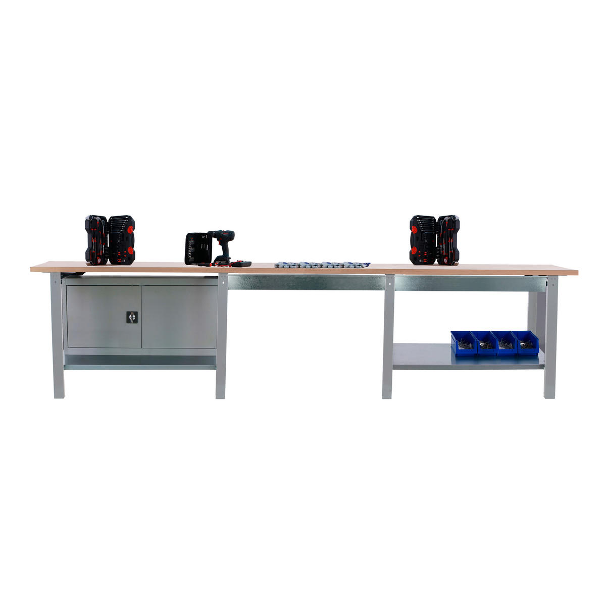 WERKBANK Buffalo Wood mit 2x Schublade und Schrank HxBxT 86,5 x 300 x 75 cm Traglast 1000 kg Grau - Grau, Metall (300/86.5/75cm) - PROREGAL