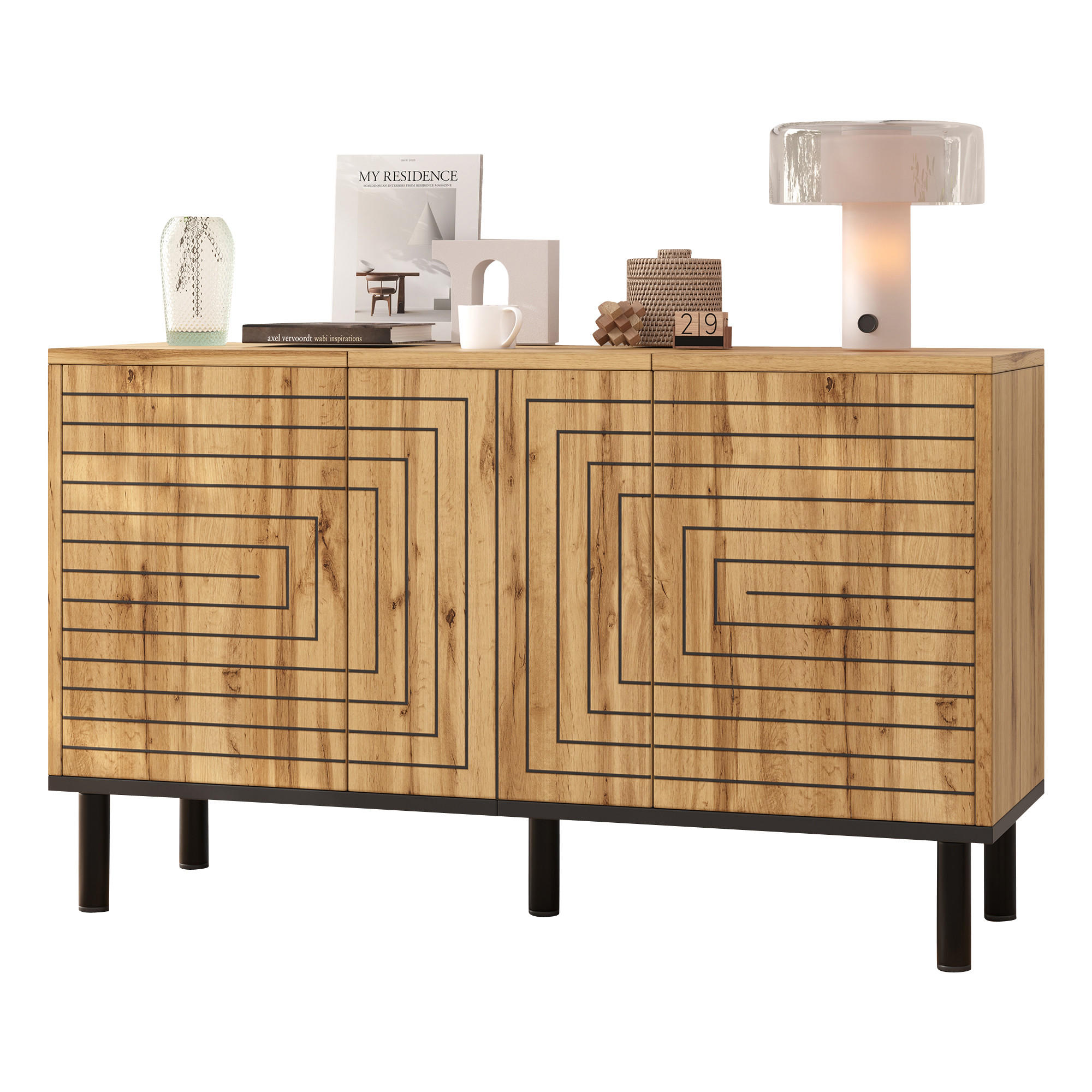 SIDEBOARD in Naturfarben mit 3 Türen für Esszimmer und Wohnzimmer, B120/T35/H68 cm - Schwarz/Naturfarben, Holzwerkstoff (120/68/35cm) - STILVORA