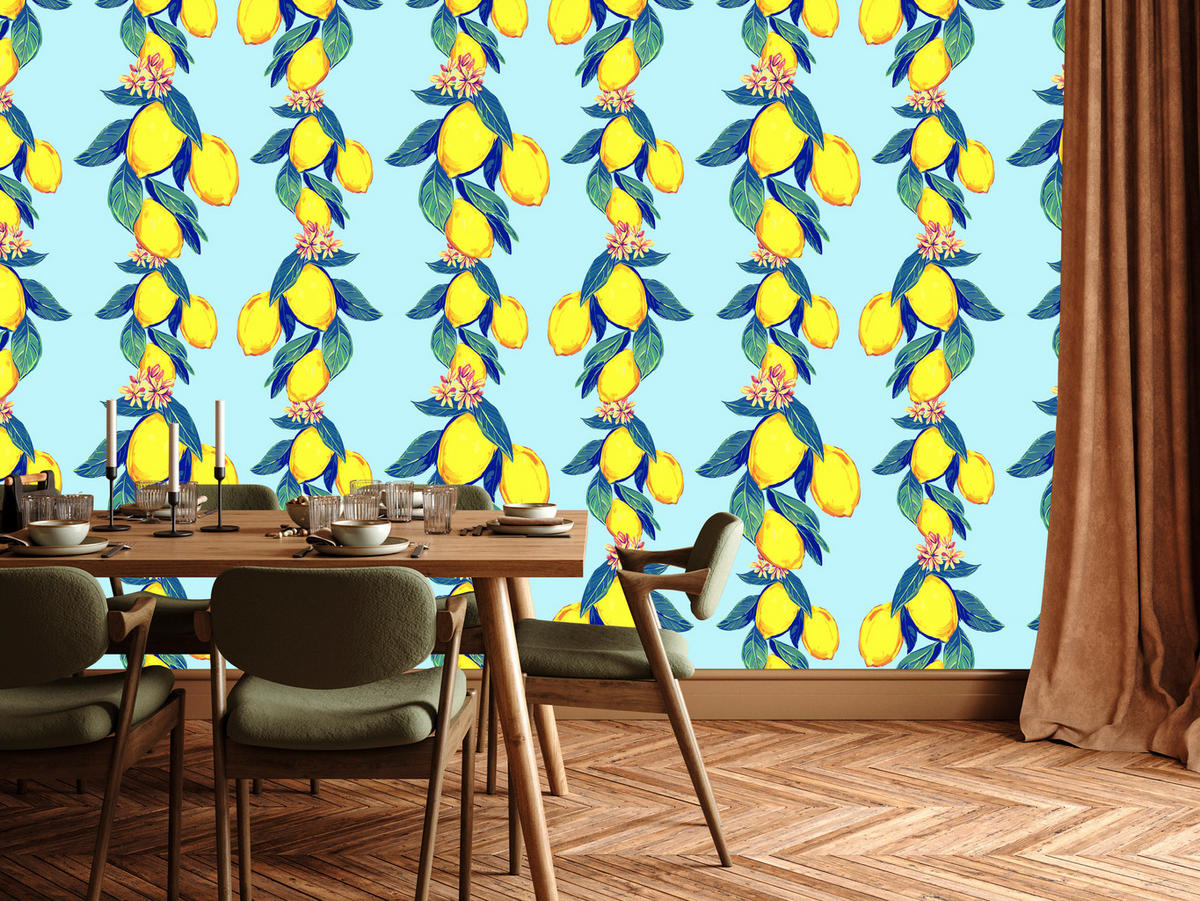 VLIESTAPETE Zitronen und Blüten – Gelb, Blau, Hellblau – 50x1000 cm - Blau/Gelb, Papier (50/1000cm) - Muralo