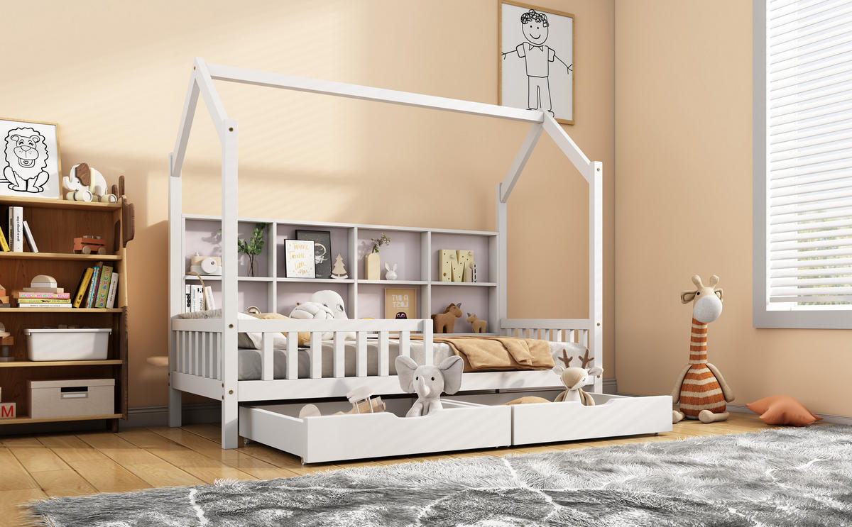 HAUSBETT 90/200 cm in Weiß mit 2 Schubladen, Regal und Rausfallschutz Kiefer - Weiß, Holz (90/200cm) - CHICFURN