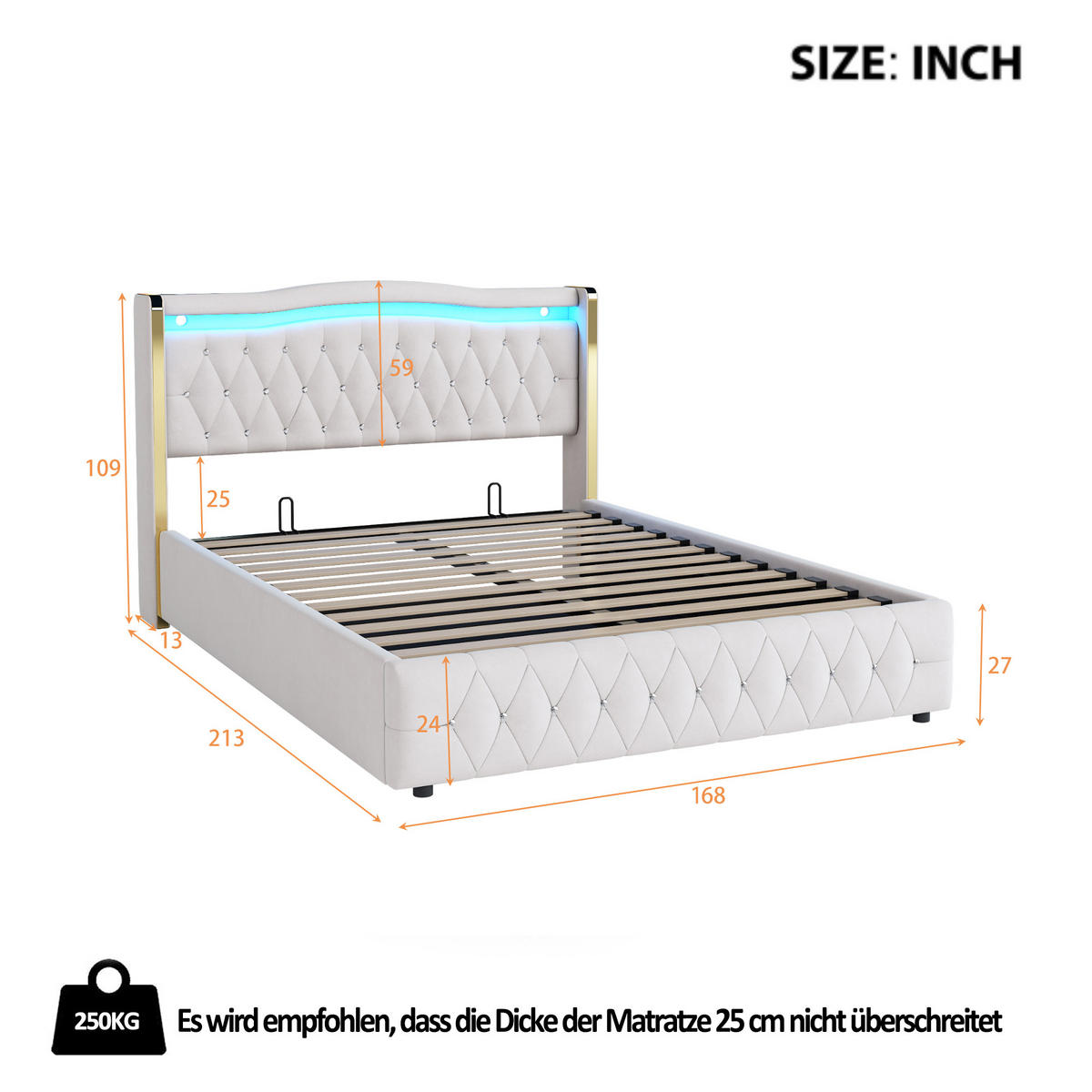 POLSTERBETT 160/200 cm beige mit LED-Beleuchtung und hydraulischem Stauraum - Beige, Textil (160/200cm) - OKWISH
