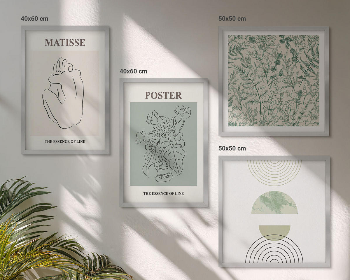 BILDER SET 4er Set - 50x50 cm & 40x60 cm Silberner Rahmen - Linien, Pflanzenmuster, Minimalismus - Silberfarben, Kunststoff (50/50cm) - TULUP