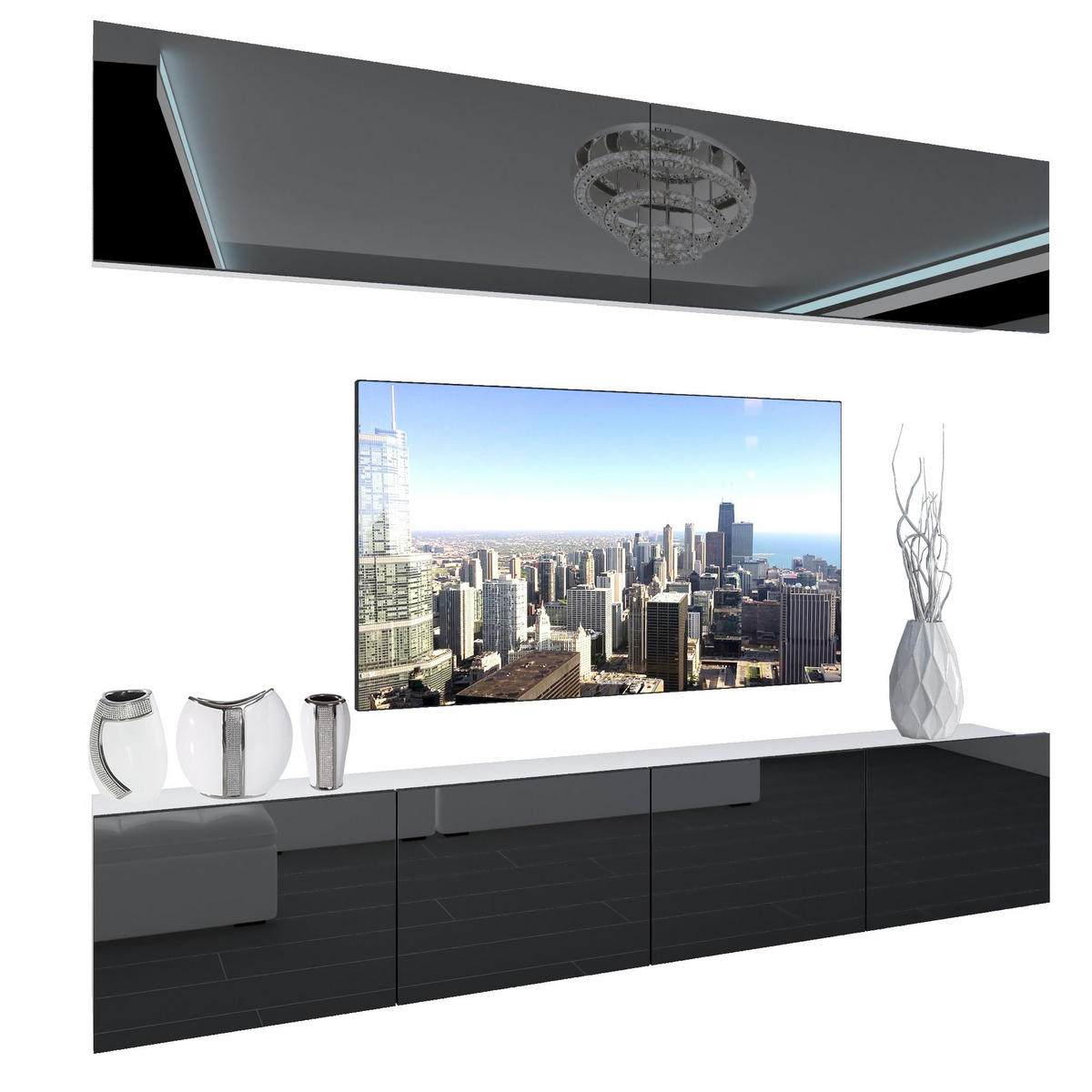 WOHNZIMMERWAND Schrankwand mit LED Schwarz - Schwarz, Holz (200/180/36cm) - B BELINI GROUP