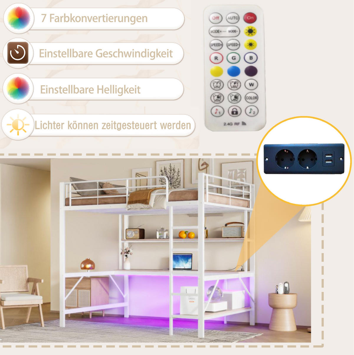HOCHBETT 140/200 cm mit Geländer mit USB-Anschluss und LED-Beleuchtung Weiß mit Matratze - Weiß, Metall (140/200cm) - OKWISH