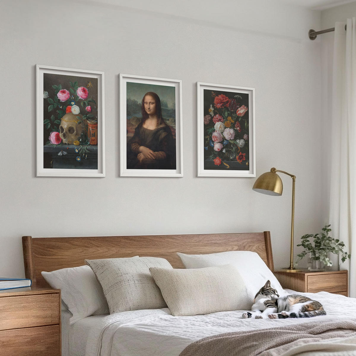 BILDER SET 3er Set - 40x60 cm Weißer Rahmen - Blumenschädel-Porträt Mona Lisa - Weiß, Kunststoff (40/60cm) - TULUP