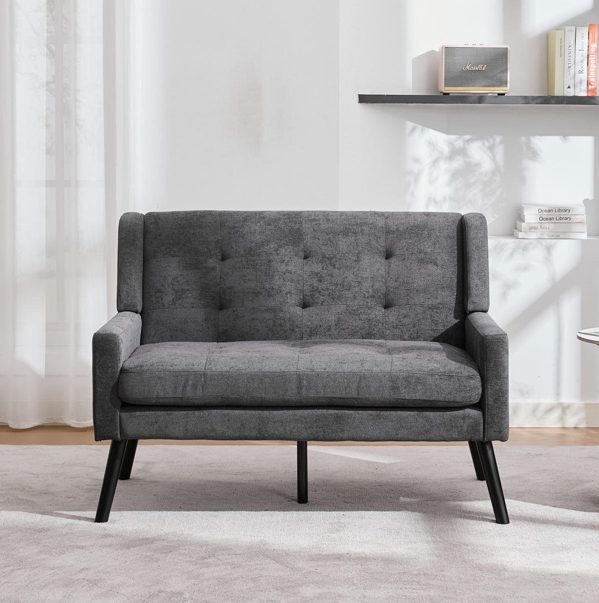 SITZBANK 2-Sitzer Leinenpolster mit Knopfsteppung, Massivholzbeinen 119/75/88 cm Dunkelgrau - Dunkelgrau, Textil (75/88/119cm) - Redom