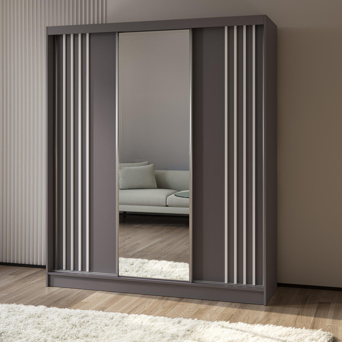 SCHWEBETÜRENSCHRANK NELVIA 180/216/61 cm 3-türig mit Spiegel Grau - Grau, Holzwerkstoff (180/216/61cm) - MASSENO