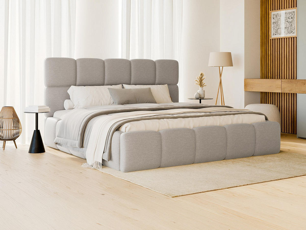 BETT mit Bettkasten + Matratze - 160 x 200 cm - melierter Stoff - Hellgrau - DAMADO - Hellgrau, Textil (224/190cm) - Vente-Unique