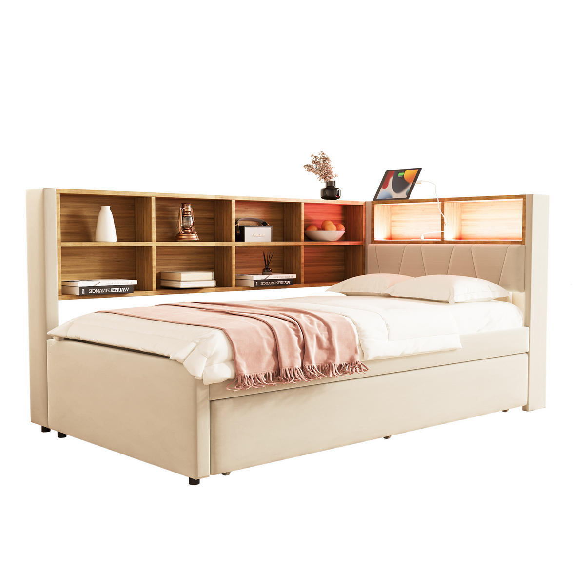 POLSTERBETT mit LED-Beleuchtung 90/200 cm mit Ausziehbett und Stauraum - Beige, Textil (90/200cm) - BEAOK